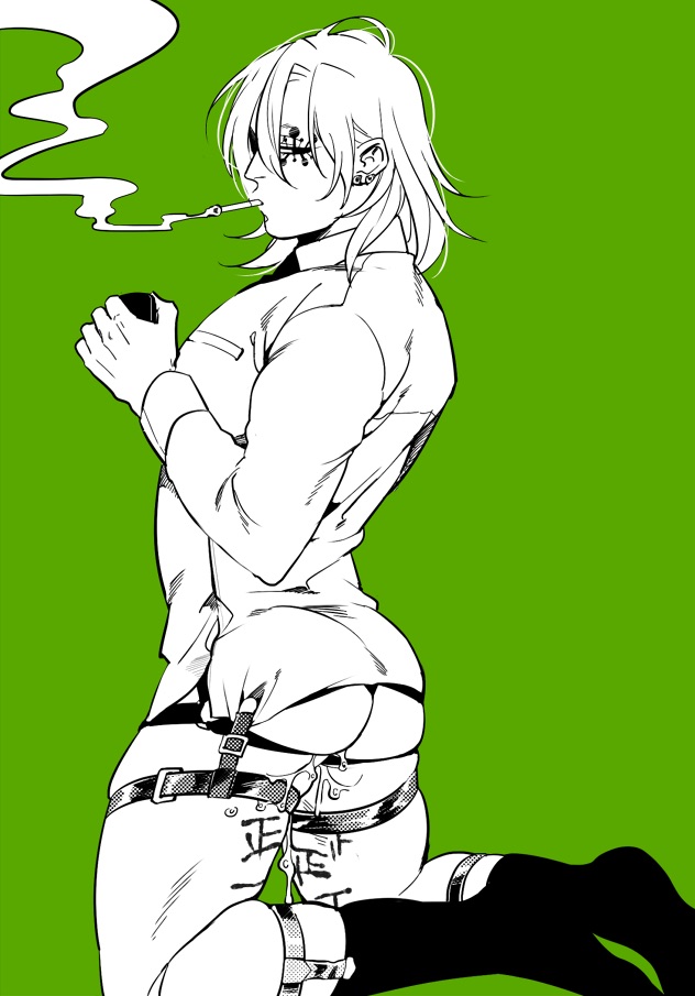 after_anal after_sex alternate_costume ass body_writing bottomless bubble_butt cigarette demon_slayer garter_straps green_background hair_down kimetsu_no_yaiba kneeling kyu_717 leaking_cum leather_straps long_sleeves looking_back male male_only smoking sock_garters socks solo tally_marks thick_thighs uzui_tengen