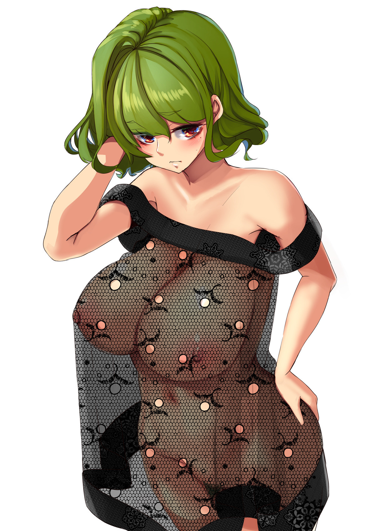 alternate costume, breasts, cropped, female, female pubic hair, green hair, highres, large breasts, looking at viewer, mole, mole under eye, navel, nipples, pubic hair, red eyes, see-through, see-through dress, short hair, simple background, solo, textless, touhou, white background, yuka kazami, yukito (dreamrider)