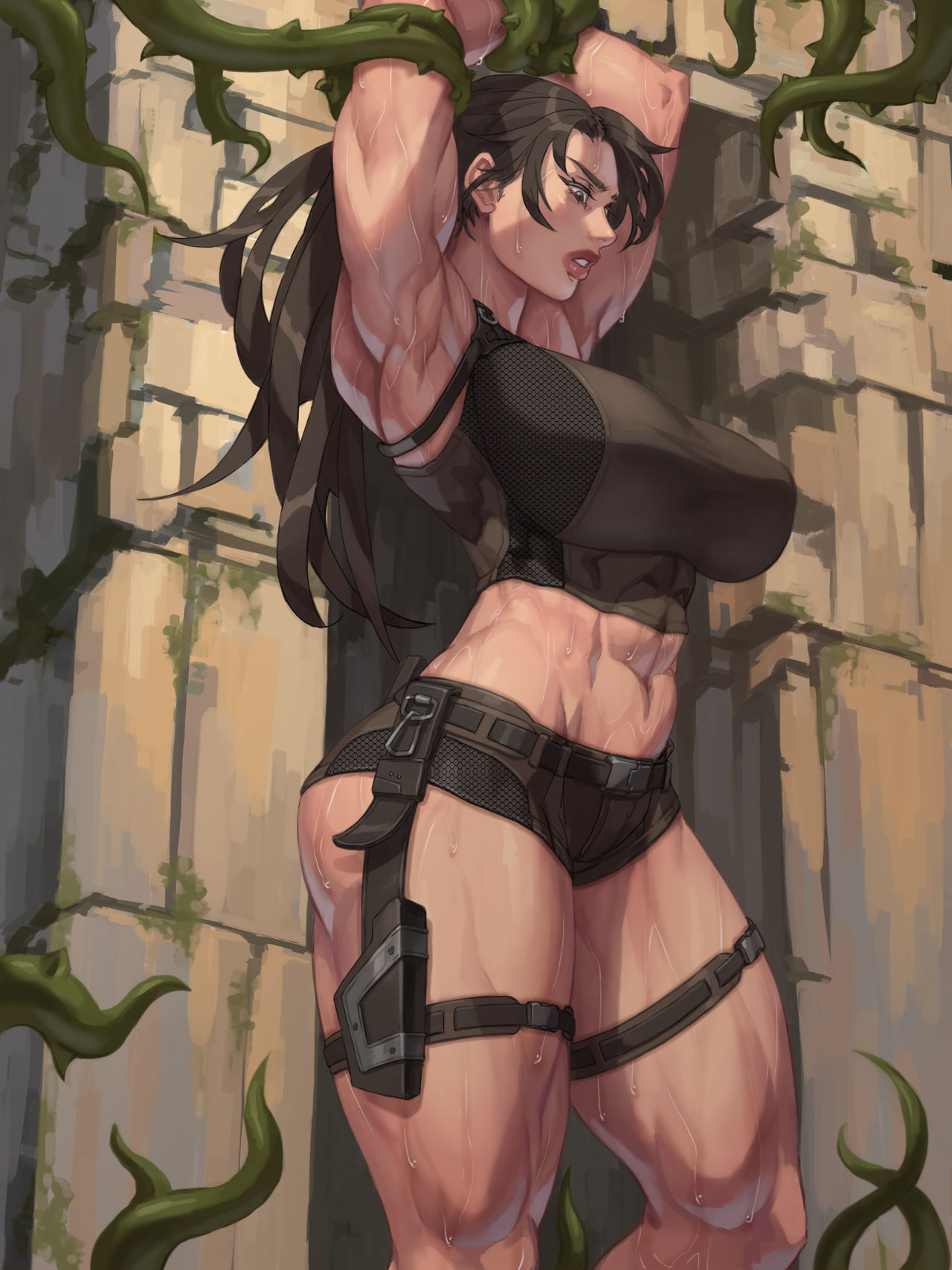 1girls 2d arm_grab athletic athletic_female big_breasts big_lips black_hair clothed hands_behind_head holster imminent_rape imminent_sex lara_croft lara_croft_(l.a.u.) long_hair looking_down muscular muscular_female muscular_sub nature outdoors plant restrained solo sweat tentacle thick_thighs tomb_raider wheelup xxoom