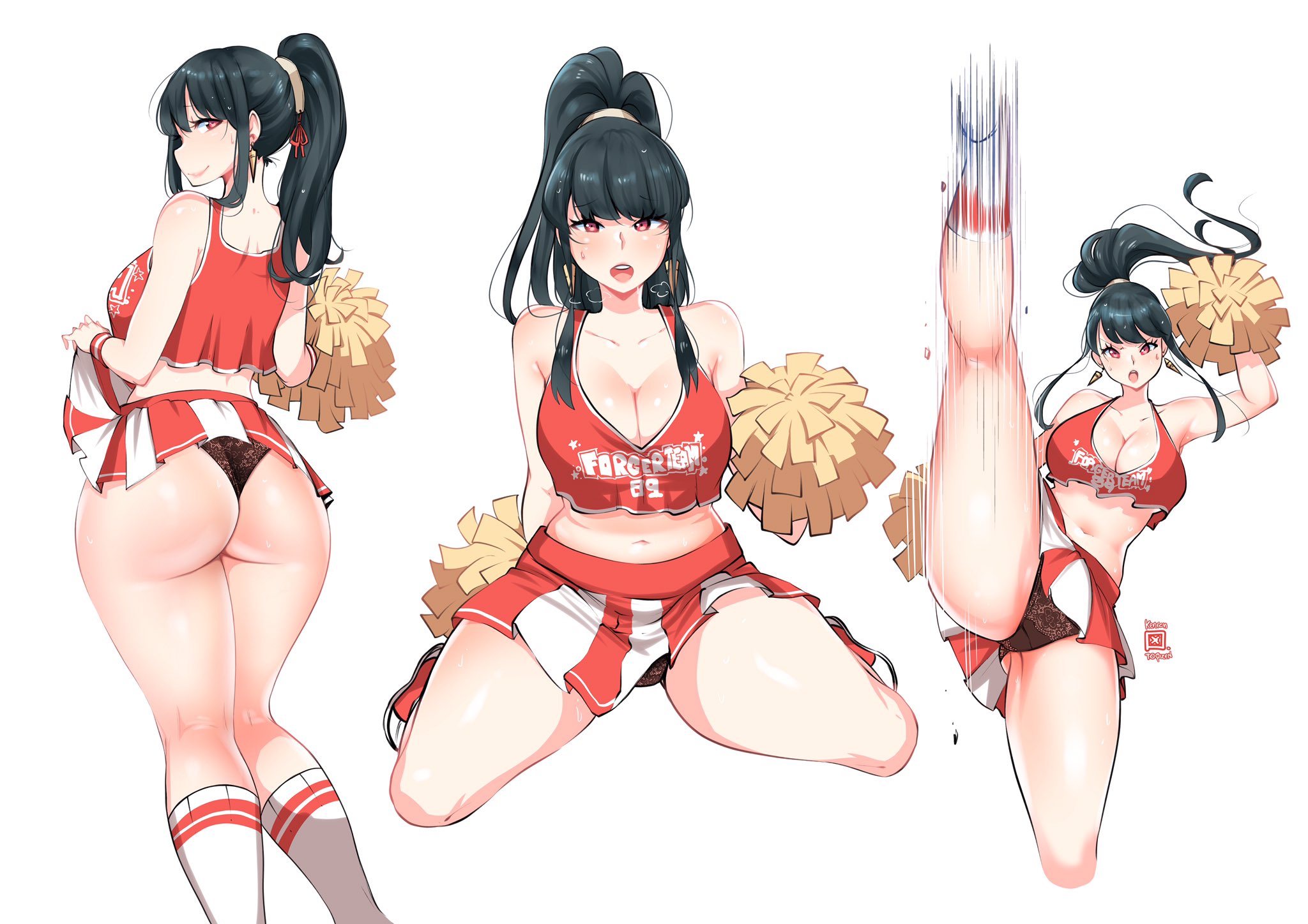1girls, ass, back view, big ass, big breasts, big butt, black hair, breasts, cheerleader, cheerleader uniform, female, front view, kenron toqueen, leg up, long hair, microskirt, multiple views, panties, ponytail, red eyes, skirt, spy x family, thick thighs, white background, yor briar, yor forger
