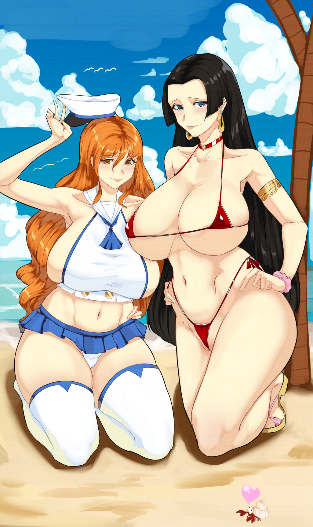 2girls 47_hard arm_bracelet arm_bracelets armpits beach belly belly_button bikini bikini_bottom bikini_top black_hair blue_eyes blue_sky boa_hancock bracelet breasts bursting_breasts cameltoe cleavage cloud cloudy_sky collarbone curvaceous dress earrings enormous_breasts female female_only hand_on_hip hands_on_hips hat heart hi_res high_resolution highres holding holding_clothes holding_hat hourglass_figure huge_breasts jewelry knee_up kneeling large_breasts long_hair looking_at_viewer matching_hair/eyes matching_hair_and_eye_color matching_hair_and_eyes micro_bikini micro_bikini_bottom micro_bikini_top multiple_girls nami nami_(one_piece) navel necklace ocean one_piece orange_eyes orange_hair palm_tree panties pink_scrunchie post-timeskip pussy red_bikini red_micro_bikini red_string_bikini red_swimsuit revealing_clothes sailor sailor_dress sailor_hat sand scrunchie shounen_jump sideboob sky string_bikini swimsuit swimsuit_bottom swimsuit_top thighhighs top_heavy tree underwear voluptuous white_panties