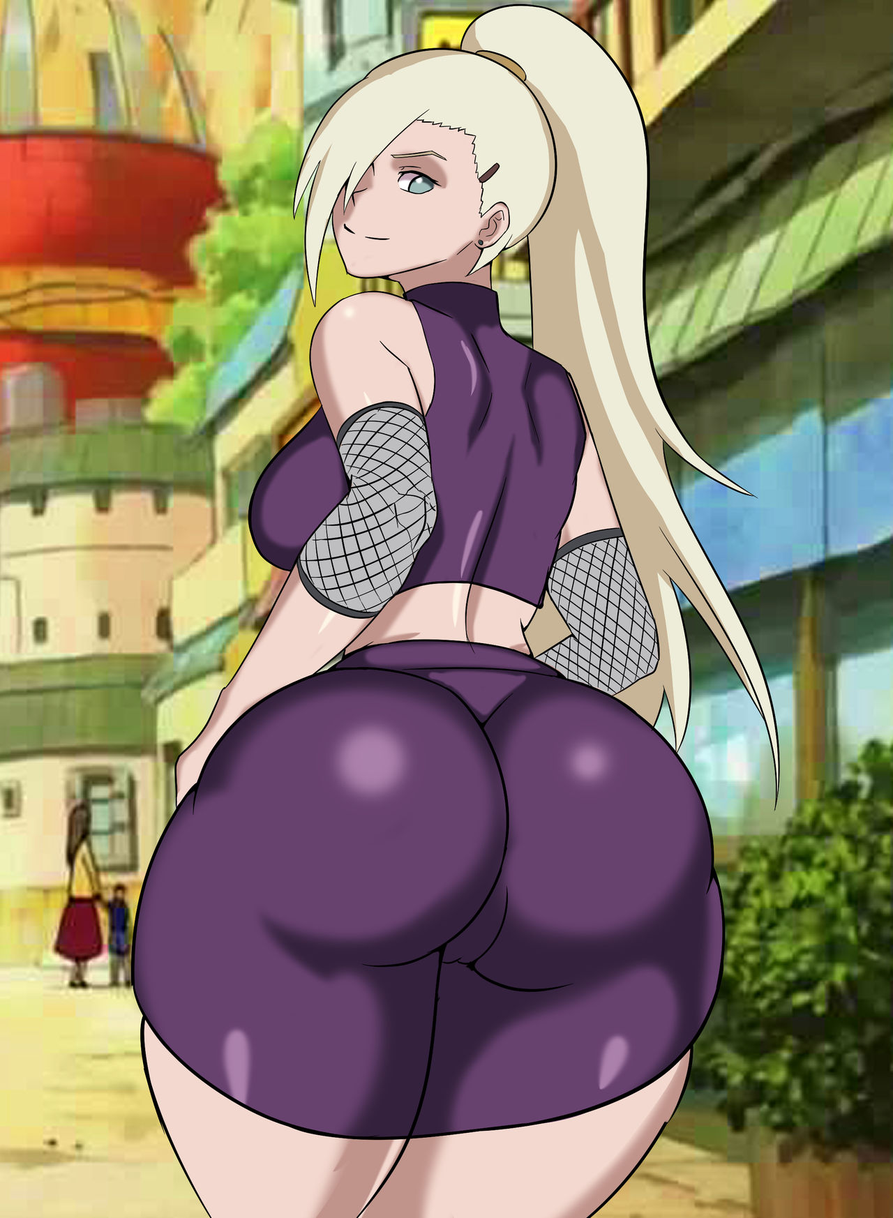 1girls, ass, ass crack, ass focus, back view, big ass, blonde hair, blue eyes, bottom heavy, breasts, butt crack, clothed female, crop top, d28d28, elbow pads, female, female focus, female only, from behind, fully clothed, hair over one eye, hourglass figure, ino yamanaka, long hair, looking at viewer, looking back, naruto, naruto (series), naruto shippuden, outdoors, ponytail, rear view, round ass, sideboob, skirt, sleeveless, sleeveless shirt, street, thick thighs, tied hair, tight clothing, very long hair, voluptuous, wide hips