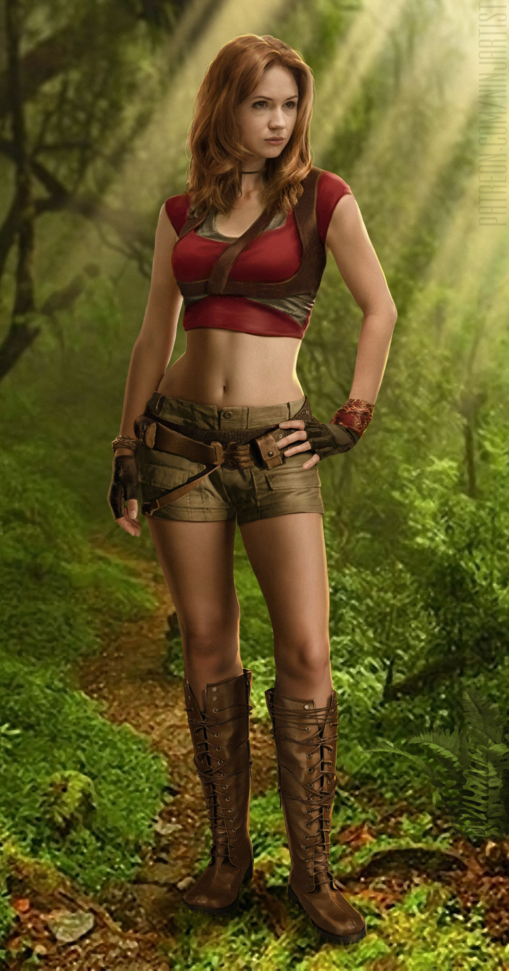 1girls 2d 2d_(artwork) alternate_version_available boots breasts celebrity clothing detailed detailed_background female female_focus female_only fingerless_gloves ginger ginger_hair jumanji karen_gillan medium_breasts medium_hair ninjartist outdoors photorealism photorealistic pinup real_person realistic ruby_roundhouse shorts solo solo_female solo_focus straps t-shirt