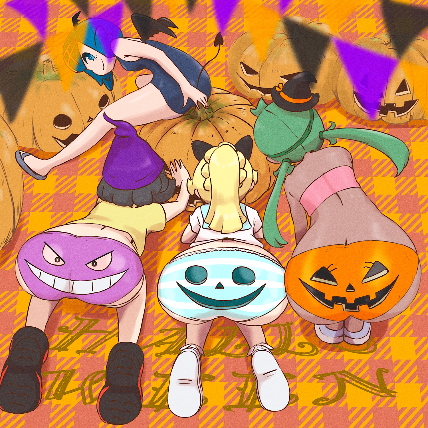 4girls, ass, ass cleavage, ass crack, ass up, black hair, blonde hair, blue hair, butt crack, dark skin, dark-skinned female, female, female only, green hair, halloween, huge ass, human, jack-o'-lantern, lana (pokemon), lillie (pokemon), mallow (pokemon), microsd (artist), multiple females, multiple girls, nintendo, one-piece swimsuit, pokemon, pokemon sm, pumpkin, pumpkin butt, selene (pokemon), shimapan, short hair, swimsuit, thick thighs, wide hips