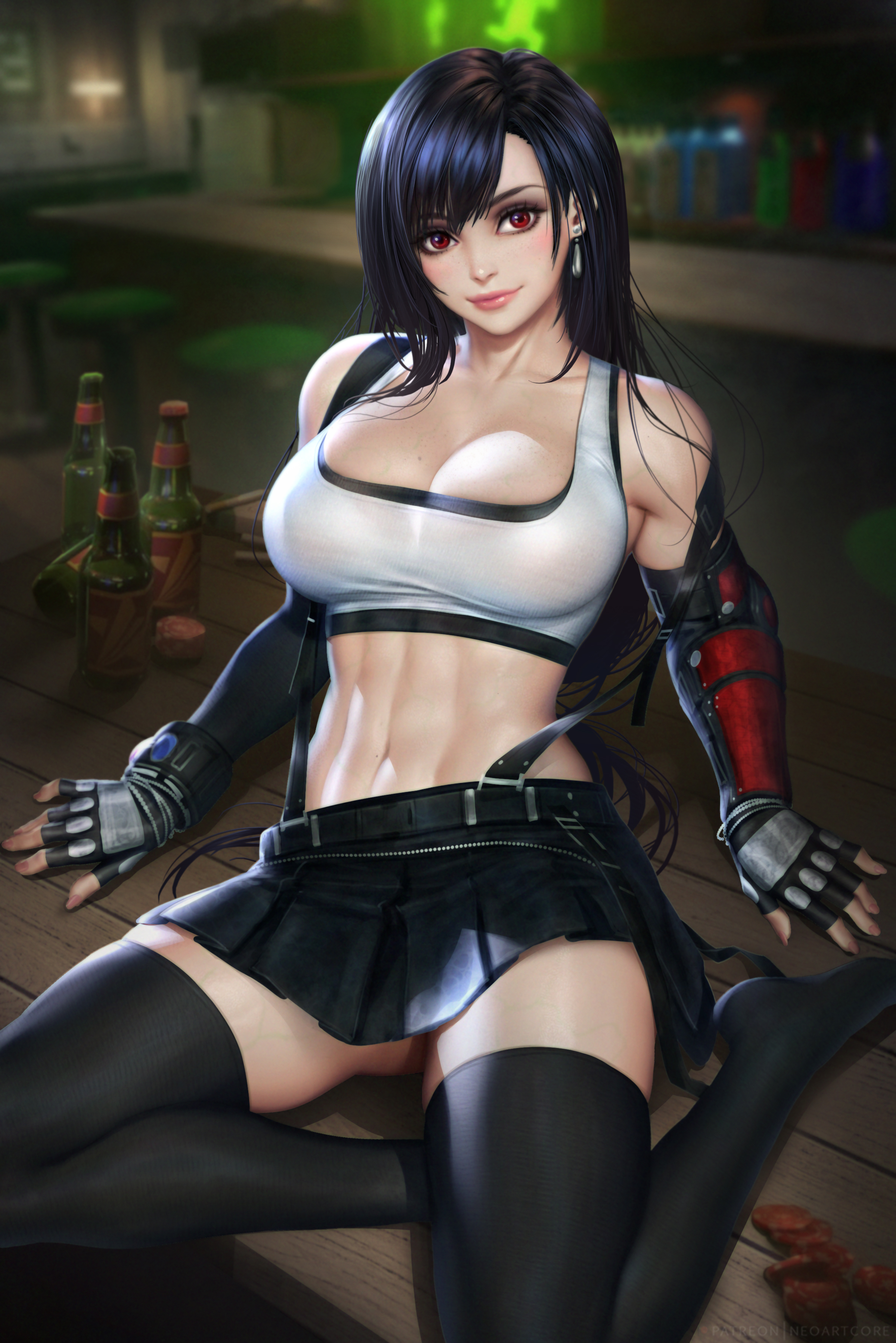 1girls, beer bottle, black hair, crop top, earring, female, female only, final fantasy, final fantasy vii, final fantasy vii remake, fingerless gloves, fully clothed, image set, long hair, looking at viewer, miniskirt, neoartcore, no shoes, nudtawut thongmai, poker chips, red eyes, sitting, sitting on table, skirt, solo, sports bra, square enix, suspenders, tagme, thigh highs, thighhighs, tifa lockhart, toned, toned female