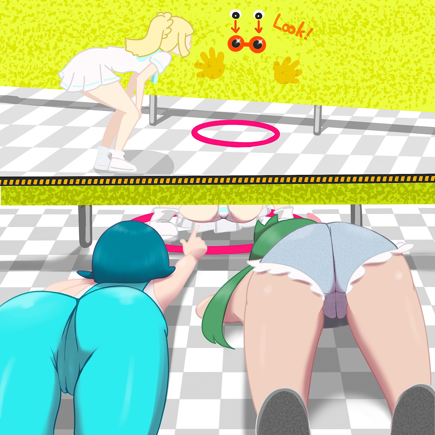 3girls, ass, blonde hair, blue hair, cameltoe, clothing, female, female only, green hair, human, lana (pokemon), lillie (pokemon), mallow (pokemon), microsd (artist), multiple females, multiple girls, nintendo, panties, pokemon, pokemon sm, pussy, upskirt