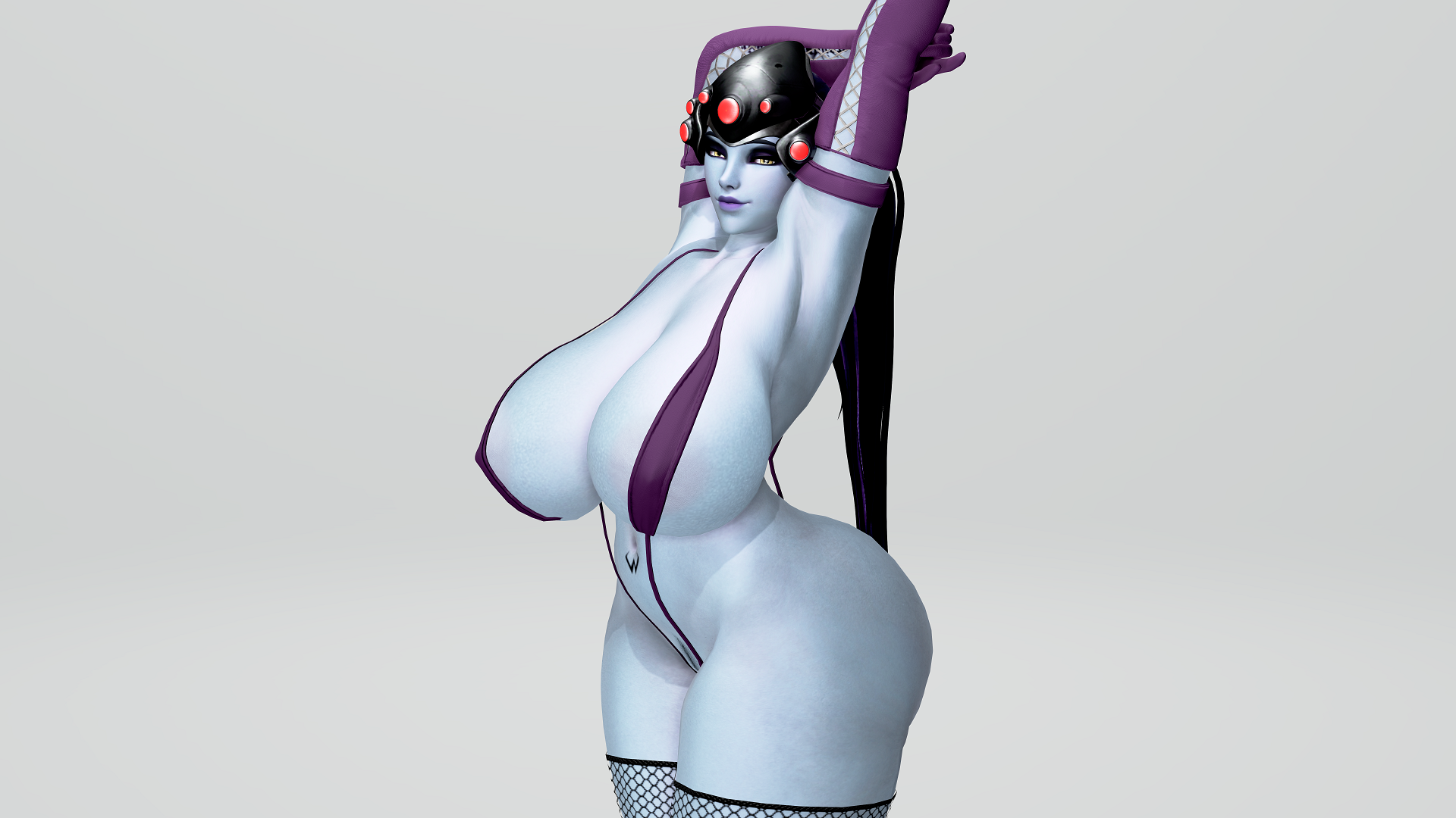 1girls, 3d, alternate breast size, armwear, ass, back view, big ass, big breasts, black eyeshadow, black nails, blue skin, breasts, breasts bigger than head, busty, dark hair, female, fishnets, honey select, hourglass figure, huge ass, huge breasts, large breasts, light skin, light-skinned female, long breasts, love handles, mascara, overwatch, pinup, pose, posing, presenting, tagme, tattoo, thethiccart, thick thighs, thighhighs, thighs, venus body, voluptuous, wide hips, widowmaker