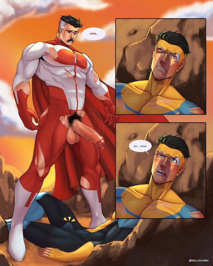 2boys, balls, big penis, black hair, blush, boner, broken eyewear, cape, clothing damage, dilf, erection under clothes, exposed nipple, facial hair, father, father and son, fingerless gloves, foreskin, gay, image comics, imminent sex, incest, invincible, invincible (comics), large penis, male, male only, mark grayson, melcrumbs, mustache, nipple peek, nolan grayson, omni-man, partially retracted foreskin, penis, penis size difference, precum, precum drip, pubic hair, retracted foreskin, speech bubble, superhero, teenage male, teenager, text, torn bodysuit, two-tone hair, uncircumcised, uncut, viltrumite, wardrobe malfunction, white hair