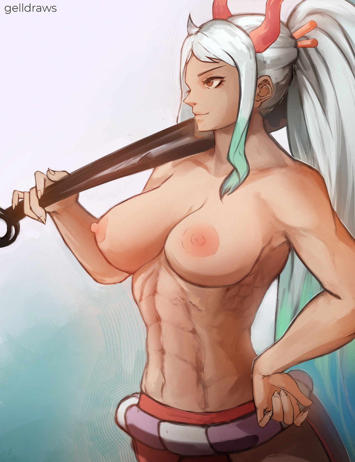 1girls, abs, areolae, big breasts, breasts, female, female only, gelldraws, horns, huge breasts, large breasts, long hair, multicolored hair, muscular, muscular female, nipples, one piece, two-tone hair, white hair, white-haired female, yamato (one piece)