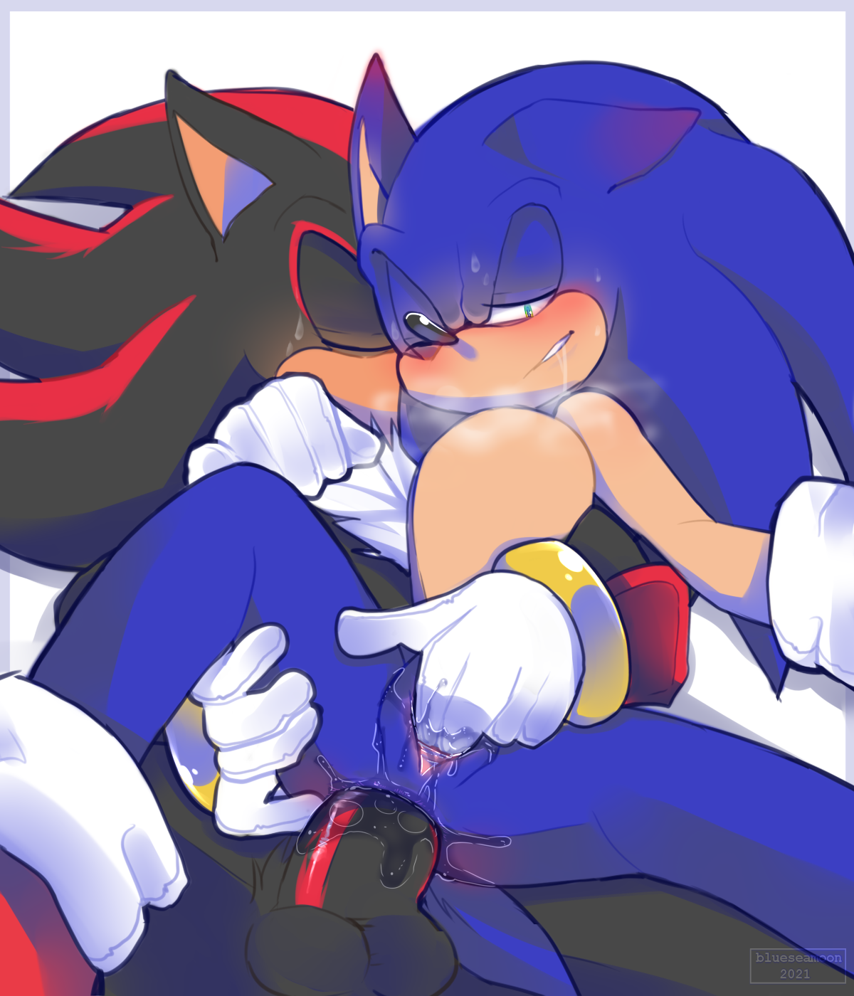 anal, anal sex, anthro, anthro on anthro, anus, balls, black body, black fur, blue body, blue fur, blueseamoon, blush, bodily fluids, breath, chair position, chest tuft, clenched teeth, closed eyes, clothing, cuntboy, cuntboy/male, double penetration, duo, eulipotyphlan, finger fuck, fingering, fingering while penetrating, from behind position, fur, genital fluids, genitals, green eyes, handwear, hedgehog, hi res, intersex, intersex/male, male, mammal, markings, penetration, penis, pussy, pussy juice, raised leg, red markings, saliva, sega, sex, shadow the hedgehog, simple background, sonadow, sonic (series), sonic the hedgehog, sonic the hedgehog (series), spread legs, spreading, sweat, tan body, tan fur, teeth, tuft, vaginal penetration