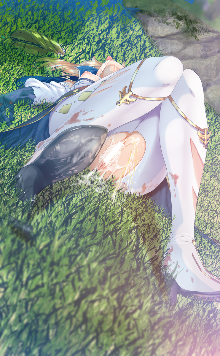 1girls after_rape after_sex after_vaginal bar_censor censored defeated exhausted female fumihiko_(pixiv2658856) genshin_impact high_heels jean_gunnhildr knees_together_feet_apart laying_on_grass on_grass peeing tired tongue tongue_out torn_clothes urine