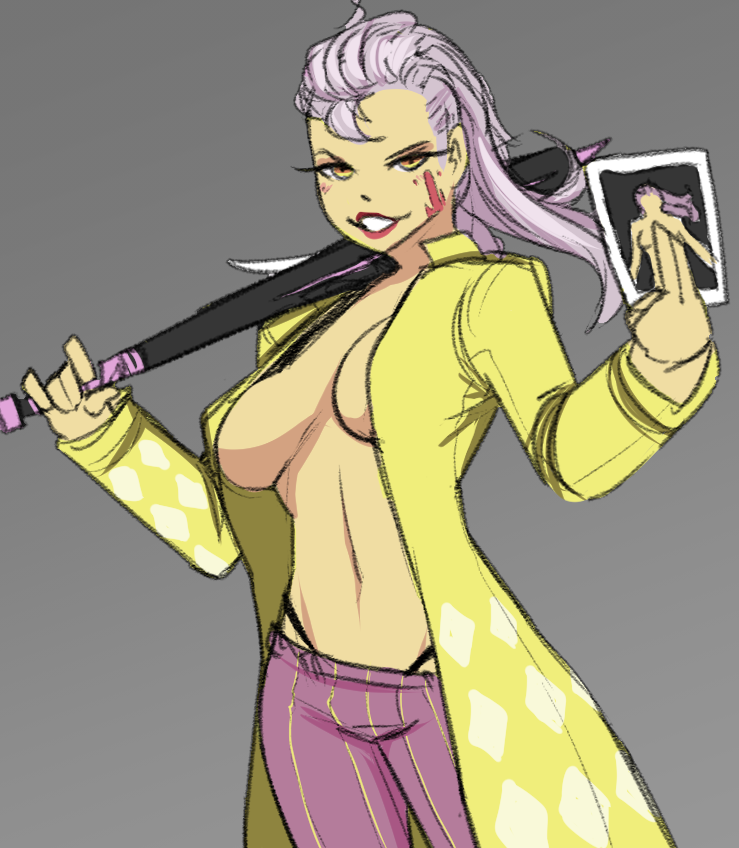 bat blood breasts coat dead_by_daylight female lipstick makeup naked_photo no_bra pants pink_hair revealing_clothes rule_63 rule_63 shirtless showing_off string_panties the_trickster ultran3rd visible_underwear yellow_eyes