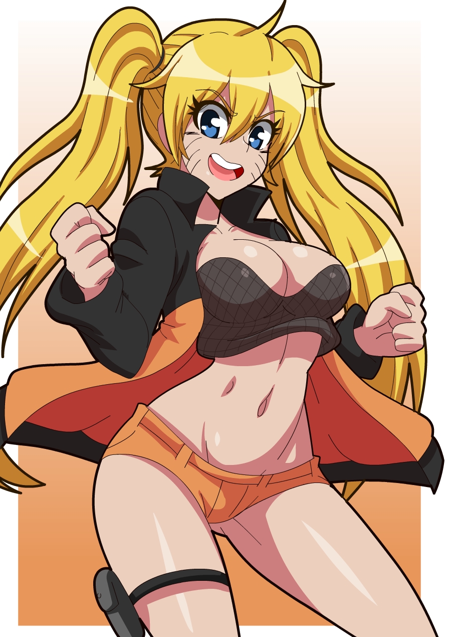 1girls, blonde hair, booty shorts, breasts, cleavage, clothed, clothed female, clothes, clothing, crop top, female, female focus, female only, fishnet shirt, fully clothed, gender transformation, genderswap, genderswap (mtf), jacket, lewdamone, linea alba, long hair, looking at viewer, medium breasts, naruko, naruto, naruto (series), naruto shippuden, open clothes, open jacket, open mouth, perky breasts, pinup, pose, posing, rule 63, short shorts, shorts, shounen jump, skimpy, skimpy clothes, solo, solo focus, standing, tied hair, transformation, twintails, uzumaki naruto, whisker markings, whiskers, wide hips