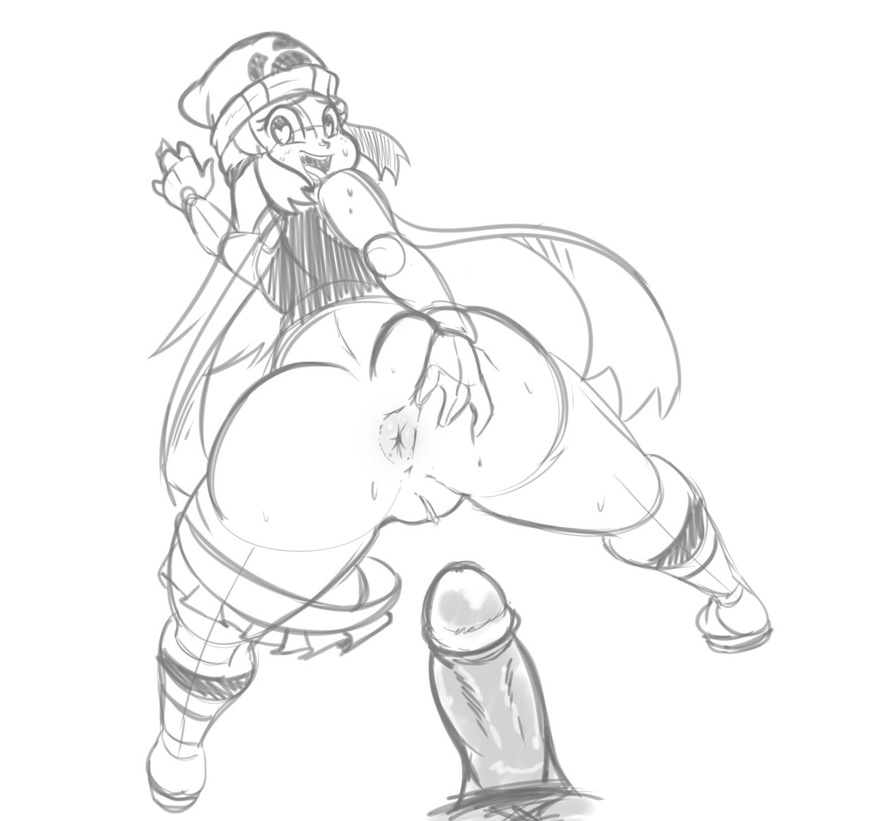 anus, ass, bent over, boots, dawn (pokemon), drillslewds, female, game freak, hat, heart-shaped pupils, imminent sex, looking back, male, nintendo, penis, pokemon, pokemon dppt, presenting, presenting hindquarters, pussy, spread anus, spread legs, sweat
