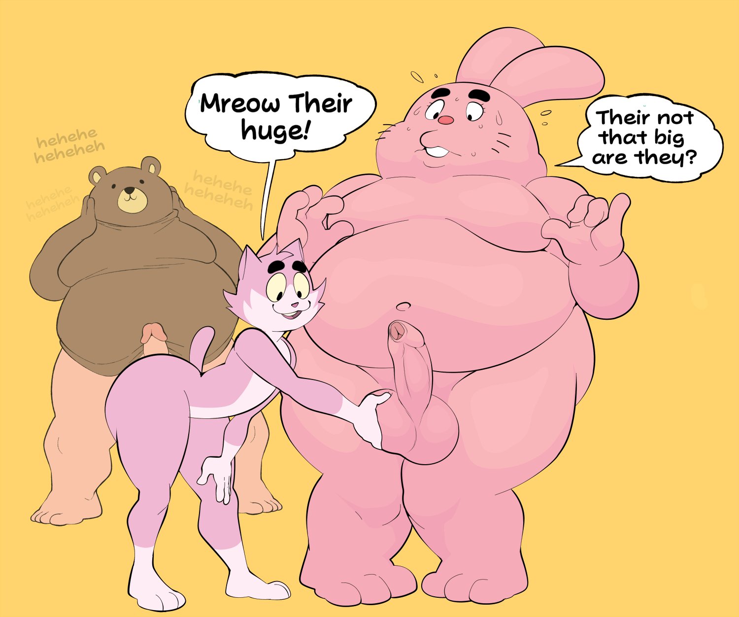 anthro, balls, balls fondling, bear, cartoon network, dialogue, domestic cat, erection, eroborus, family guy, fat, felid, feline, felis, fondling, foreskin, genitals, group, hi res, humanoid genitalia, humanoid penis, lagomorph, leporid, male, male/male, mammal, nude, obese, obese male, overweight, overweight male, penis, peter griffin, rabbit, richard watterson, standing, the amazing world of gumball, uncircumcised, ursid