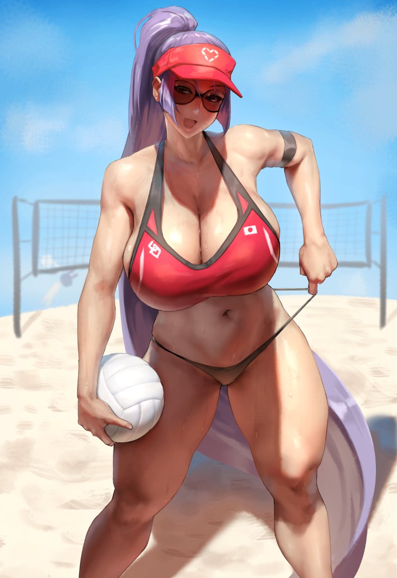 1girls beach beach_volleyball bikini breasts cleavage eu03 fate/grand_order fate_(series) female female_only huge_breasts japanese_flag massive_breasts minamoto_no_raikou_(fate/grand_order) outdoors ponytail purple_hair solo standing sunglasses sweat swimsuit thick_thighs volleyball wide_hips