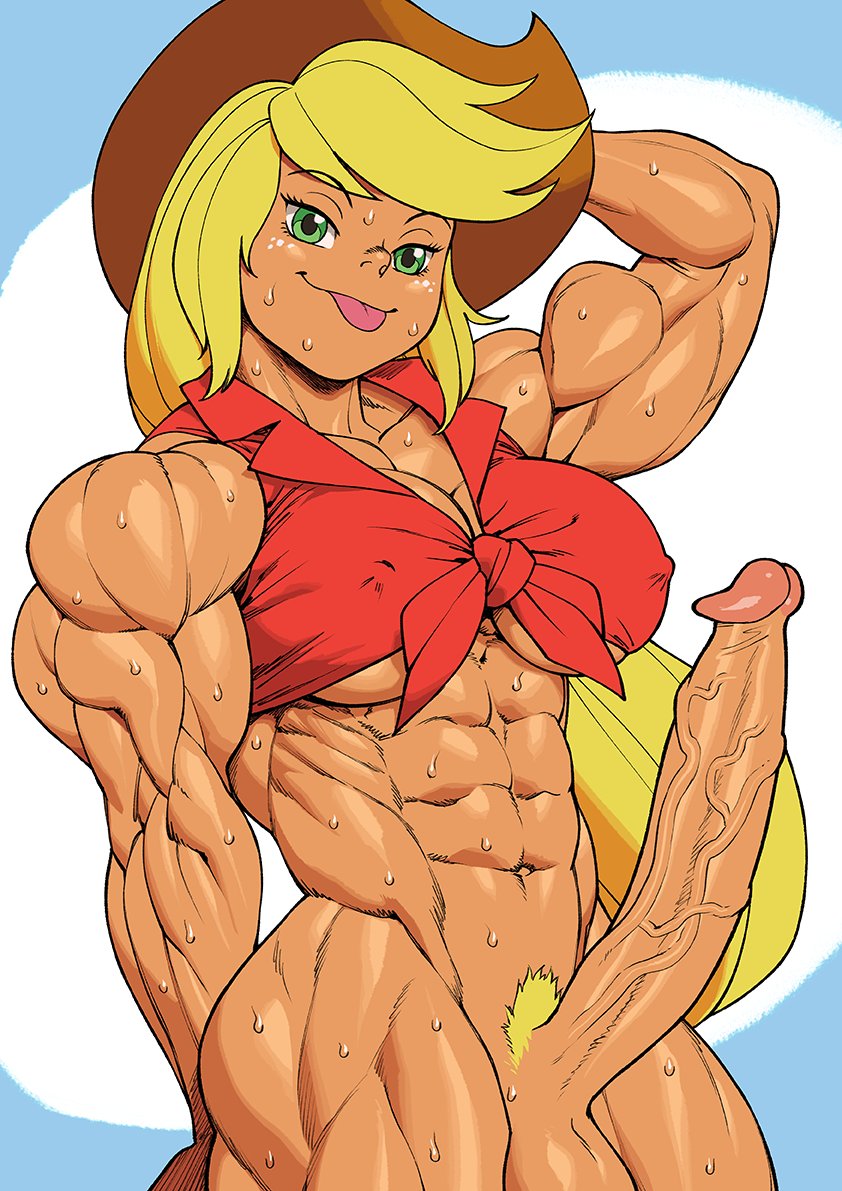 1futa, abs, applejack (mlp), blonde hair, bottomless, breasts, cleavage, cowboy hat, cowboy shot, crop top, erection, female, friendship is magic, front-tie top, futanari, green eyes, intersex, large breasts, large penis, muscular, muscular female, muscular futa, my little pony, my little pony friendship is magic, penis, pokkuti, smile, smooth skin, sweat, underboob, veiny penis