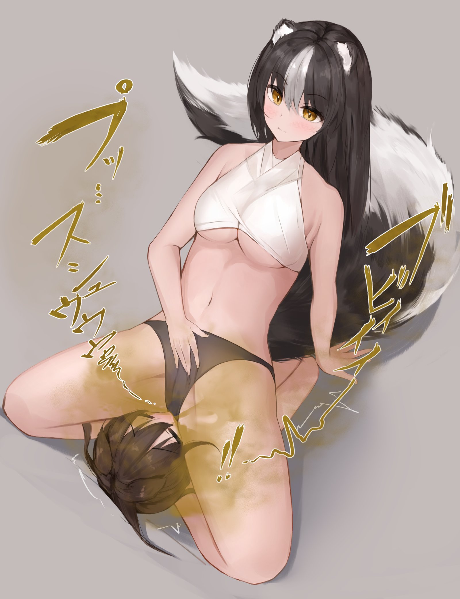 1boy, 1girls, animal ears, black hair, black panties, blush, breasts, facesitting, fart, fart cloud, fart fetish, farting, farting in face, female, japanese text, looking down, male, panties, skunk, skunk girl, skunk tail, smile, tail, text, tsuchiro, underboob, yellow eyes