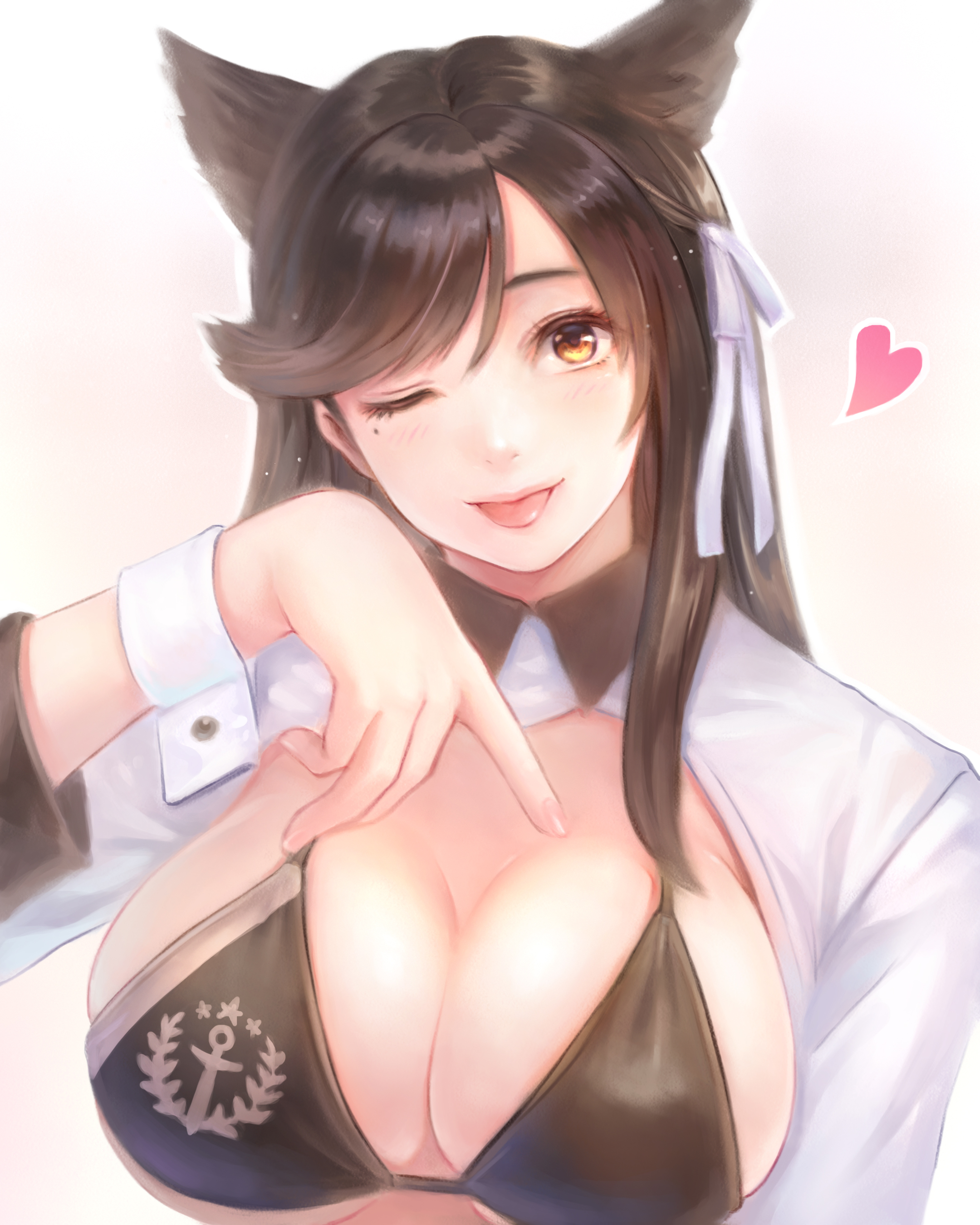 ;p, :p, 1girls, 2020, absurdres, animal ears, atago (azur lane), azur lane, bikini, bikini top, black bikini, black bikini top, black hair, blush, breasts, covered nipples, female, female focus, female only, hair ribbon, heart, highres, hinamo, large breasts, long hair, looking at viewer, mole, mole under eye, one eye closed, ribbon, solo, solo female, swimsuit, tongue, tongue out, upper body, white hair, yellow eyes