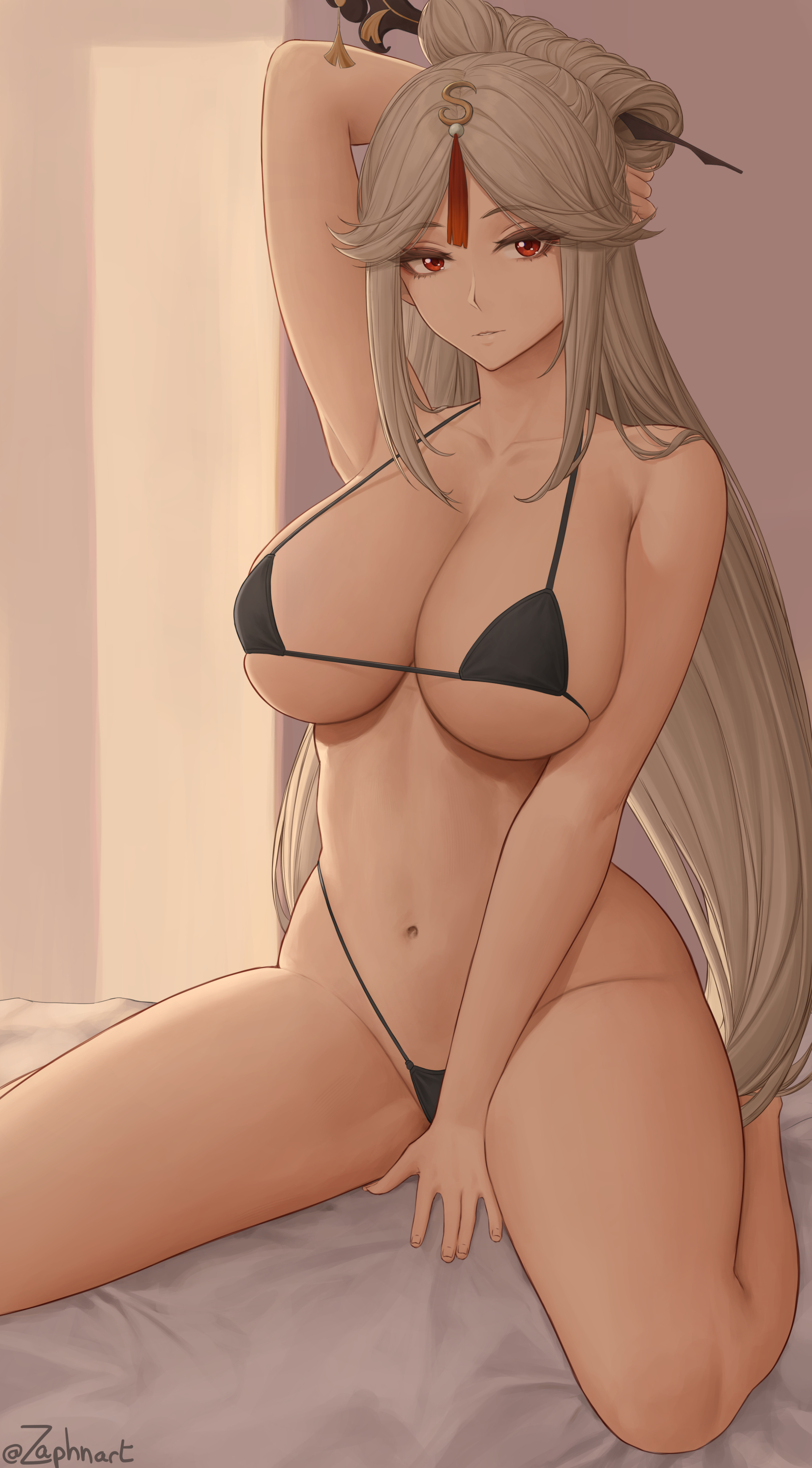 1girls, 2021, artist signature, belly button, bikini, black bikini, breasts, female, female focus, female only, genshin impact, hair stick, hi res, hips, huge breasts, indoors, kneeling, kneeling on bed, long hair, looking at viewer, ningguang (genshin impact), red eyes, slim waist, smile, suggestive look, thick thighs, thighs, very long hair, white hair, wide hips, zaphn