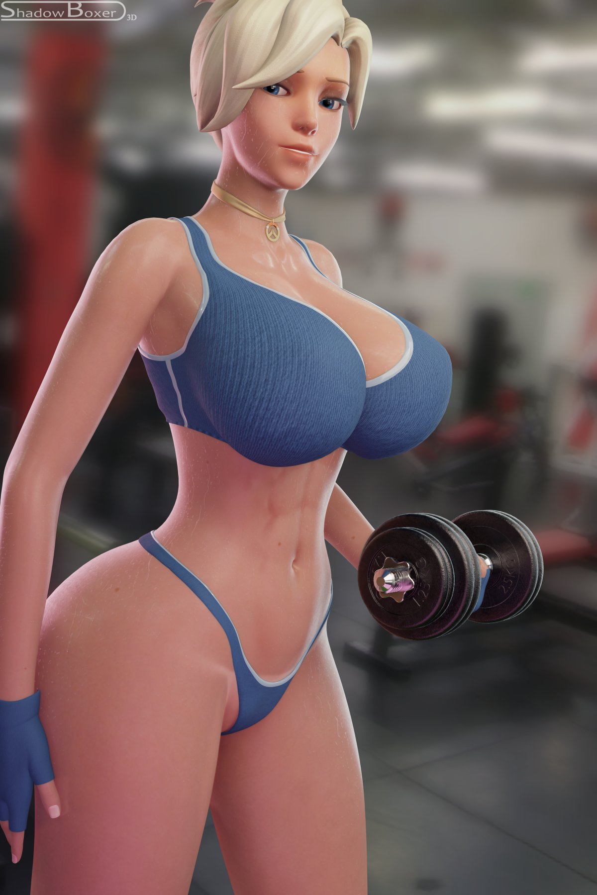 1girls, 3d, big breasts, blender, breasts, female, female only, gym, large breasts, mercy, overwatch, shadowboxer, solo