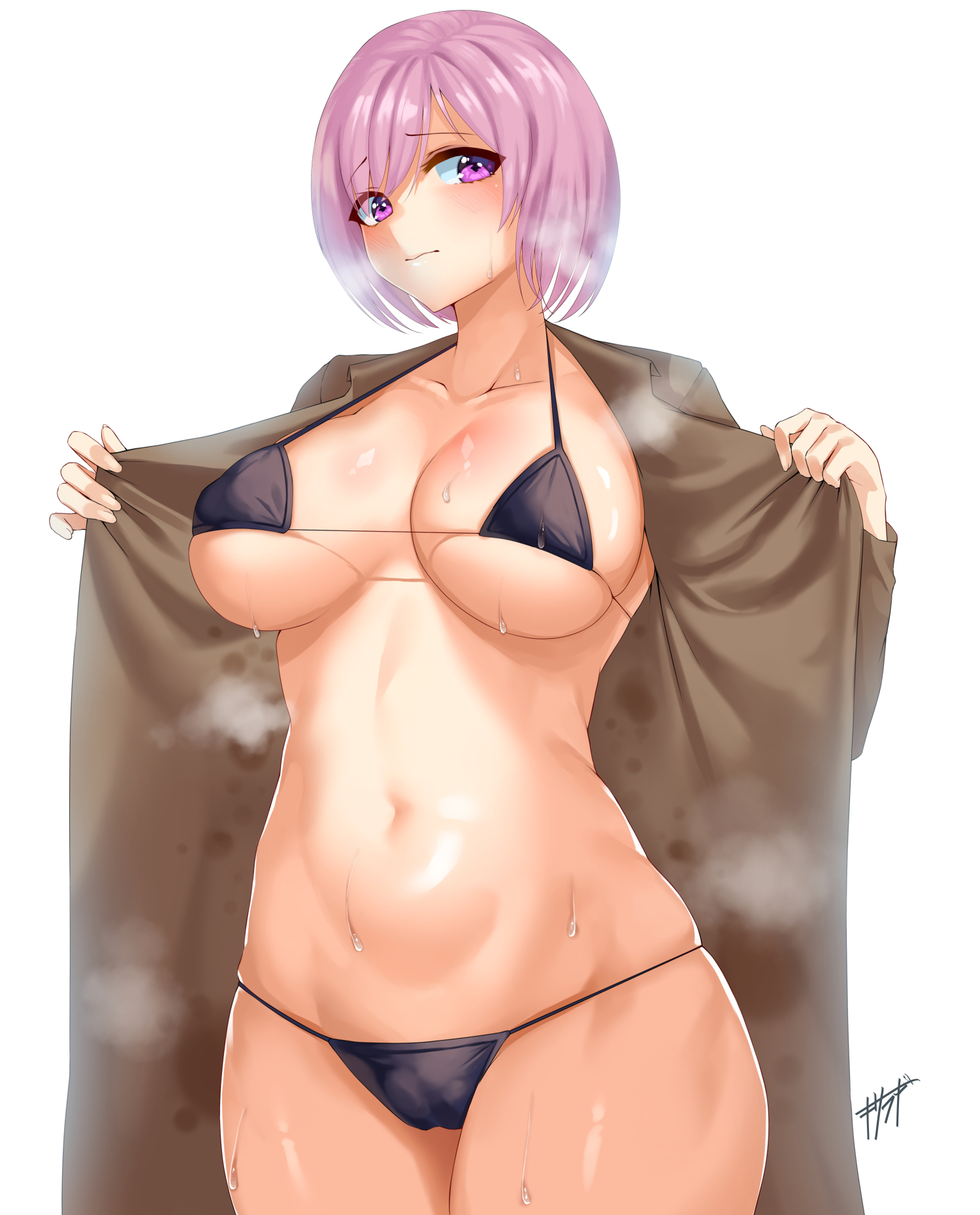 1girls, 2020, bangs, bare shoulders, bikini, black bikini, blush, breasts, brown coat, cleavage, closed mouth, coat, collarbone, fate (series), fate/grand order, female, female focus, female only, hair over one eye, highres, kisaragi tsurugi, large breasts, light purple hair, long sleeves, looking at viewer, mash kyrielight, navel, open clothes, open coat, purple eyes, short hair, simple background, solo, solo female, steaming body, sweat, swimsuit