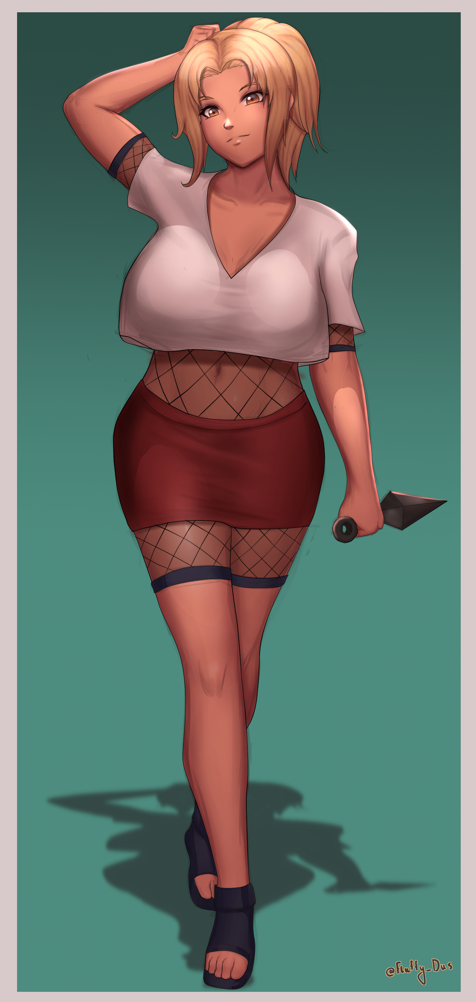 1girls, aged down, alternate version available, big breasts, blonde hair, breasts, brown eyes, busty, cleavage, clothed, clothed female, clothing, crop top, erect nipples, feet, female, female only, fishnet bodysuit, fishnets, fluffydus, footwear, fully clothed, holding object, holding weapon, human, kunai, large breasts, legs, mature, mature female, milf, naruto, naruto (classic), naruto (series), naruto shippuden, nipples, open toe shoes, pinup, ponytail, pose, posing, shoes, short skirt, shounen jump, skirt, solo, standing, t-shirt, tied hair, toes, tsunade, walking, weapon, wide hips, yellow hair, young tsunade