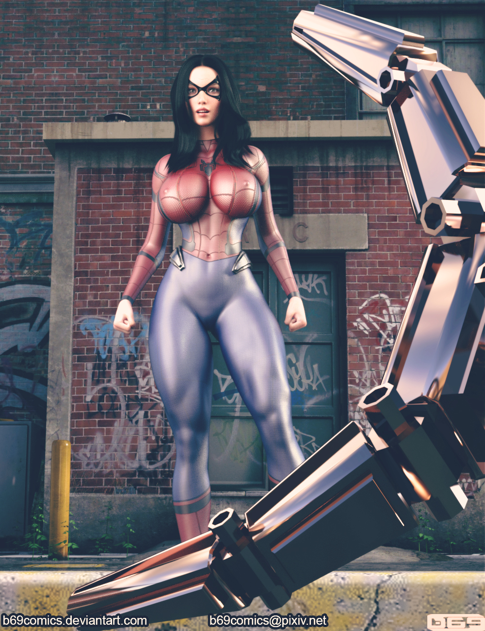 1girls 3d athletic athletic_female b69 big_breasts black_hair bodysuit busty doctor_octopus human human_only marvel marvel_comics mask mechanical_tentacles original_character skin_tight skinny spider-girl spider-man_(series) thick_thighs thighs