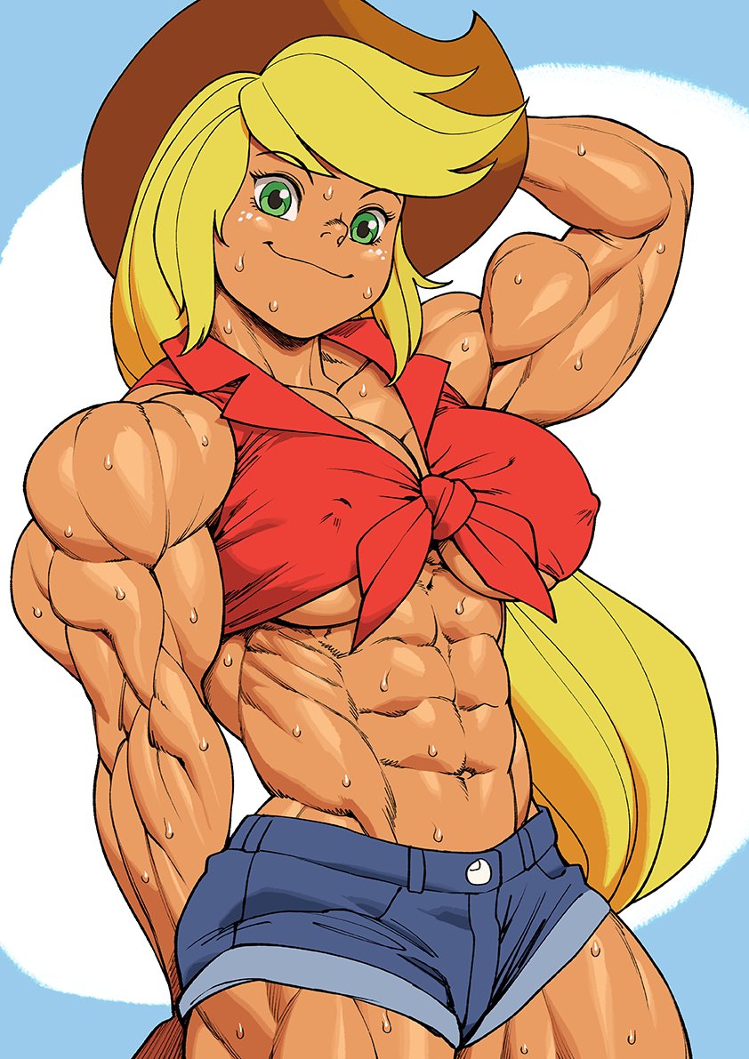 1girls, abs, applejack (mlp), breasts, cleavage, cowboy hat, cowboy shot, crop top, denim shorts, extreme muscles, female, female only, friendship is magic, front-tie top, green eyes, large breasts, muscles, muscular, muscular female, my little pony, my little pony friendship is magic, pokkuti, short shorts, smile, smooth skin, solo female, sweat, underboob