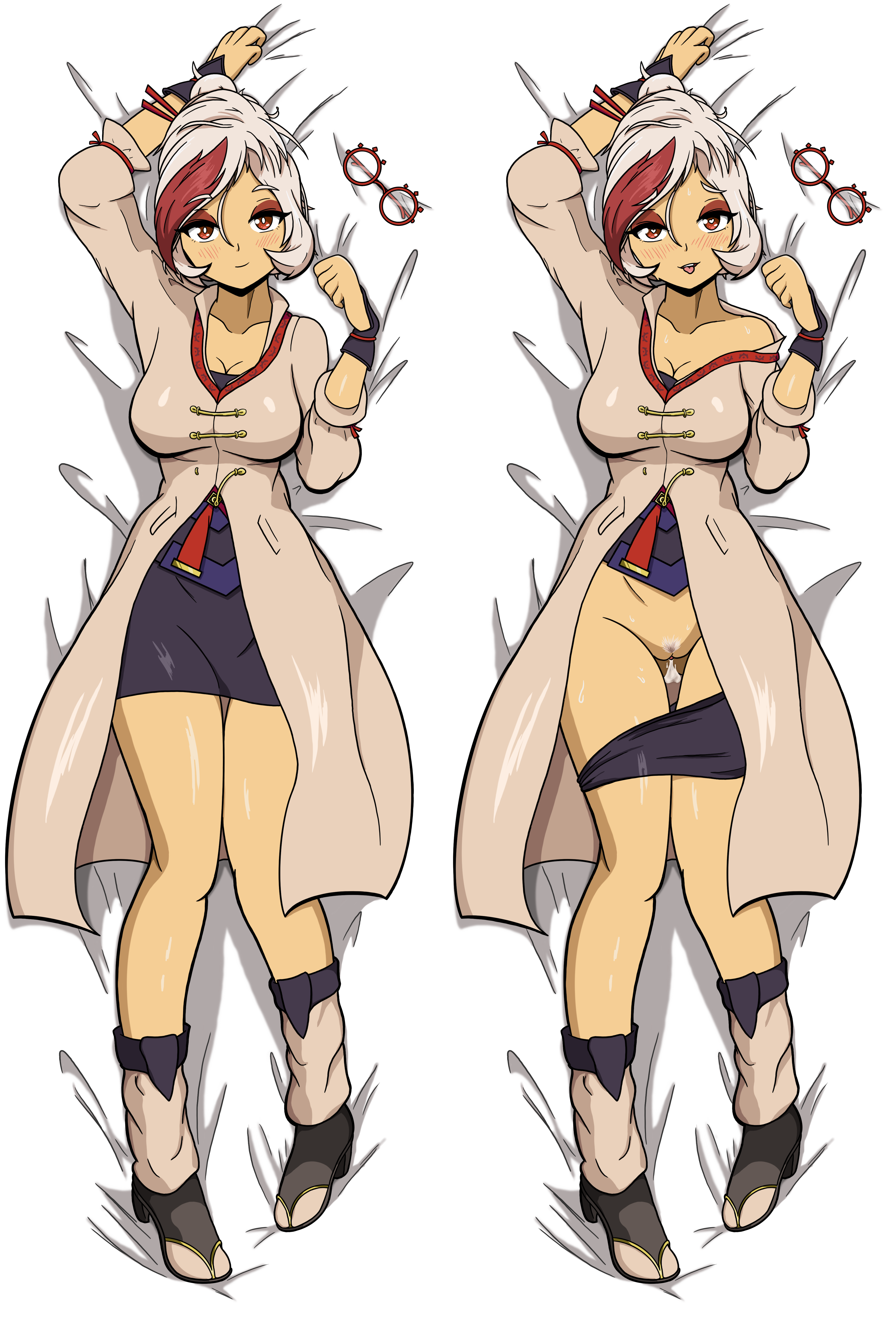 2021, age of calamity, cum, dakimakura, dakimakura design, eyeshadow, female, heart-shaped pupils, highres, hyrule warriors: age of calamity, izai ah, izaiah (artist), looking at viewer, lying, messy hair, nintendo, pubic hair, purah, purah (age of calamity), pussy, red eyes, sheikah, skirt, skirt pull, sweat, the legend of zelda, white hair