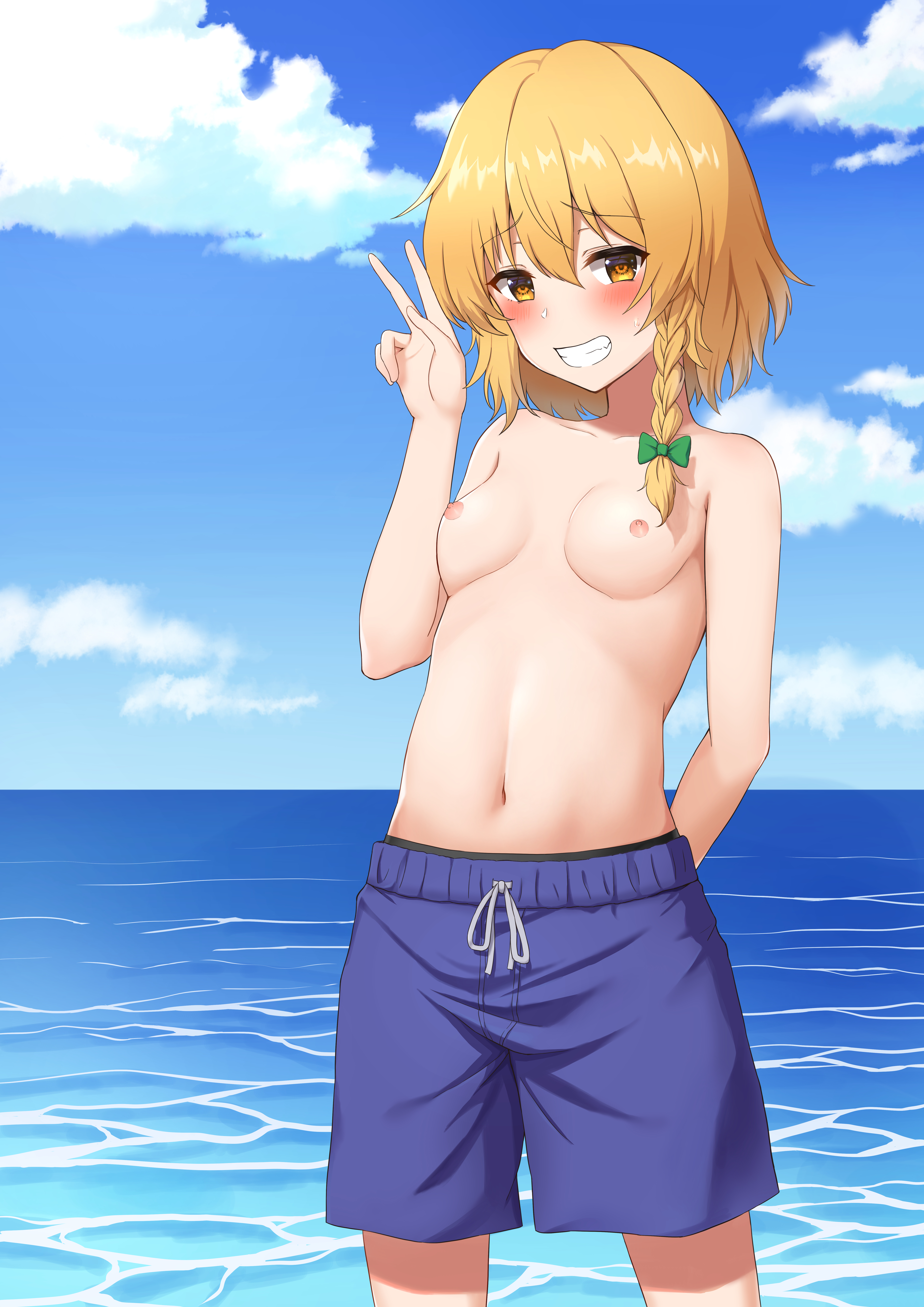 1girls, 2020s, 2021, arm behind back, arms behind back, beach, belly, belly button, blonde hair, blue shorts, blush, bow, braid, breasts, casual topless, crossdressing, crossdressing female, day, embarrassed, exhibitionism, exhibitionist, exposed, exposed breasts, exposed nipples, exposure, female, green bow, grin, hair ornament, hand up, highres, junyamaekaki, looking at viewer, male, male swimwear, male swimwear challenge, marisa kirisame, medium hair, navel, nervous smile, nipples, nonsexual nudity, ocean, outdoors, pixiv, public topless, shorts, single braid, small breasts, smile, smiling, smiling at viewer, solo, solo female, solo focus, swim trunks, swimwear, topless, topless female, touhou, uncensored, uncensored breasts, v, wading, yellow eyes