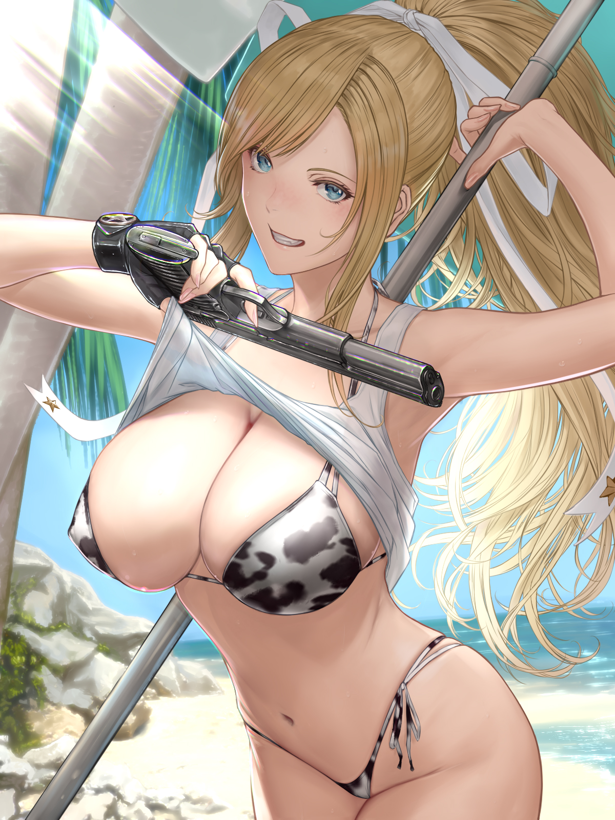 :d, animal print, armpits, arms up, bikini, bikini bottom, bikini top, bikini under clothes, blue eyes, blush, breasts, cleavage, clothes lift, collarbone, cow bikini, cow print, day, female, fingernails, grin, gun, hair ribbon, highres, holding, holding gun, holding weapon, large breasts, light rays, long fingernails, long hair, looking at viewer, navel, open mouth, original, outdoors, palm tree, ponytail, print bikini, ribbon, shirt lift, shisshou senkoku, sidelocks, sleeveless, smile, solo, sunbeam, sunlight, swimsuit, tank top, teeth, thumbs down, tree, upper body, very long hair, weapon, white ribbon