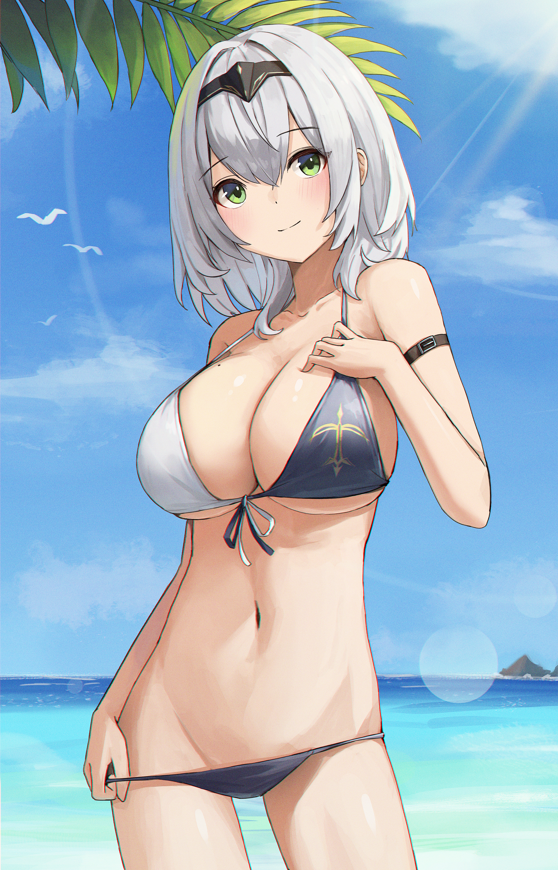 1girls, 2021, belly, big breasts, bikini, bikini bottom, bikini top, blush, breasts, cleavage, collarbone, covered nipples, covered pussy, eyebrows visible through hair, eyelashes, female, female focus, female only, gnns, green eyes, grey hair, hand on breast, hand on chest, hand on own breast, hand on own chest, hololive, hololive fantasy, hololive japan, huhi (huhi 1211), looking at viewer, navel, pussy, seaside, shirogane noel, smile, solo, solo female, standing, virtual youtuber
