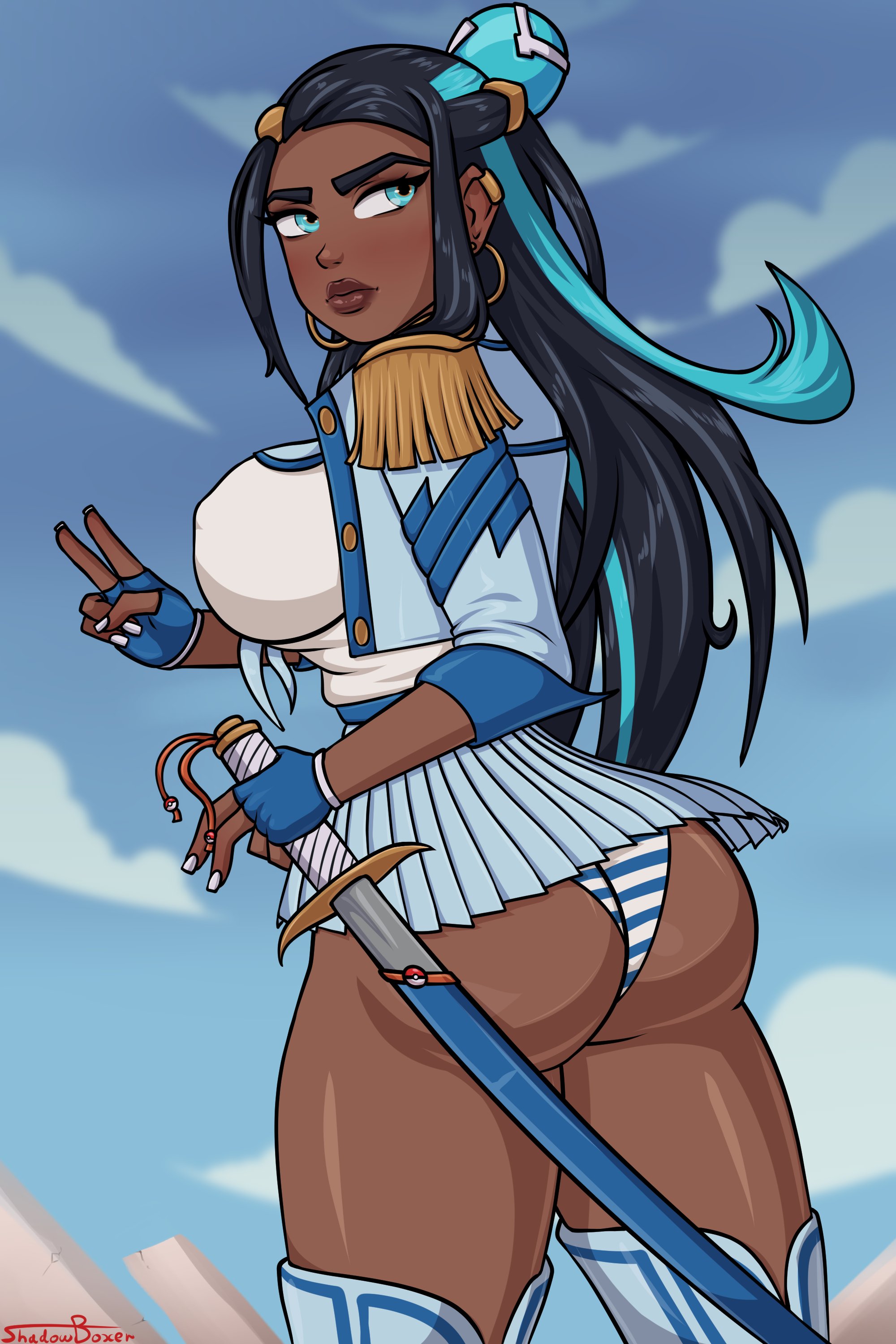 1girls, 2:3, 2021, alternate version available, ass, big ass, big breasts, black hair, blue eyes, blue gloves, blue hair, breasts, cosplay, crossover, dark skin, dark-skinned female, earrings, female, female only, fingerless gloves, gloves, holding, holding object, holding sword, holding weapon, hoop earrings, junketsu, kamui (kill la kill), kill la kill, kiryuuin satsuki, kiryuuin satsuki (cosplay), large ass, large breasts, long hair, multicolored hair, nessa (pokemon), panties, pokeball, pokemon, pokemon ss, shadowboxer, solo, sword