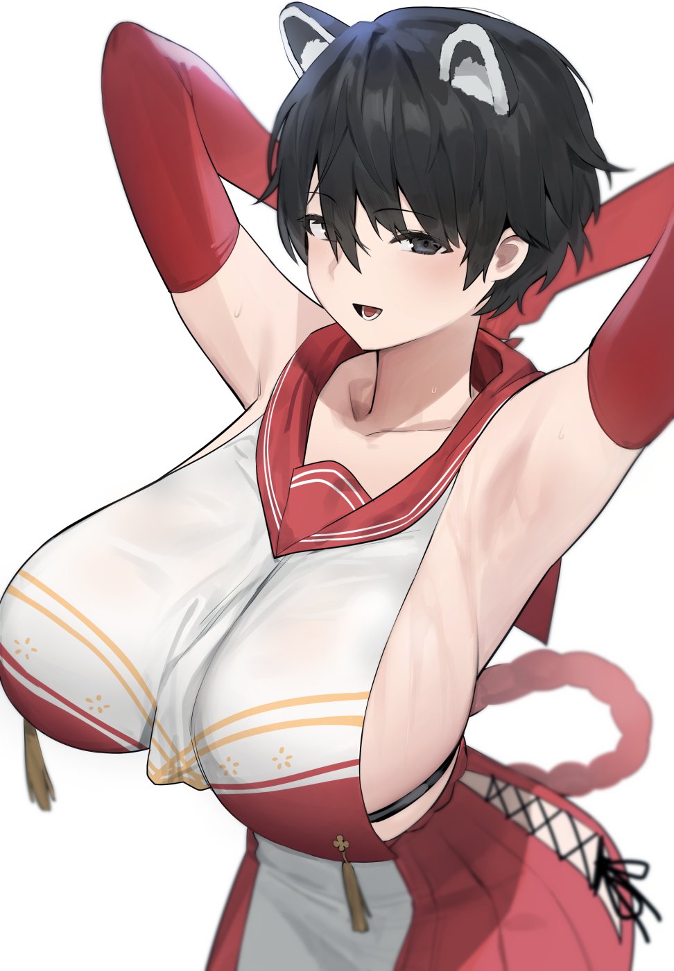 1girls, allied hyakkiyako academy student, armwear, big breasts, black hair, blue archive, breasts, cat ears, cat girl, catgirl, dark hair, female, hood x art, inner discipline club (blue archive), light skin, light-skinned female, short hair, simple background, solo, tsubaki (blue archive), very short hair, white background