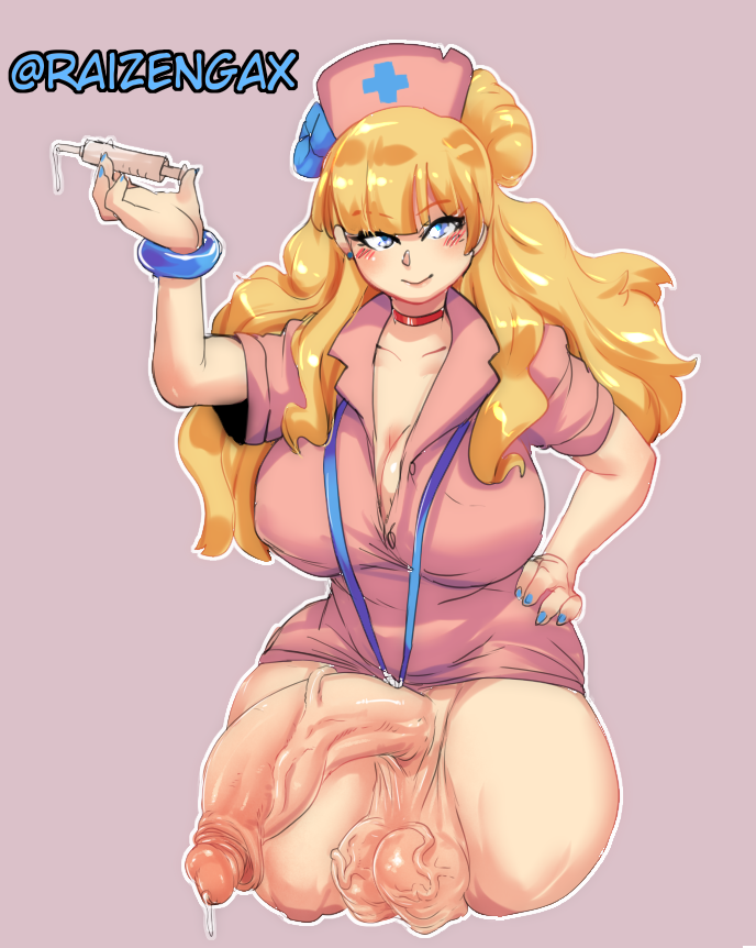 1futa balls bangs big_balls big_breasts blonde_hair blue_eyes bottomless breasts cleavage clothed clothing cosplay full-package_futanari futa_only futanari galko hat huge_penis human light-skinned_futanari light_skin long_hair nurse oshiete!_galko-chan pale_skin partially_clothed penis pink_clothing raizengax riderx solo standing syringe thick_thighs veiny_balls wide_hips