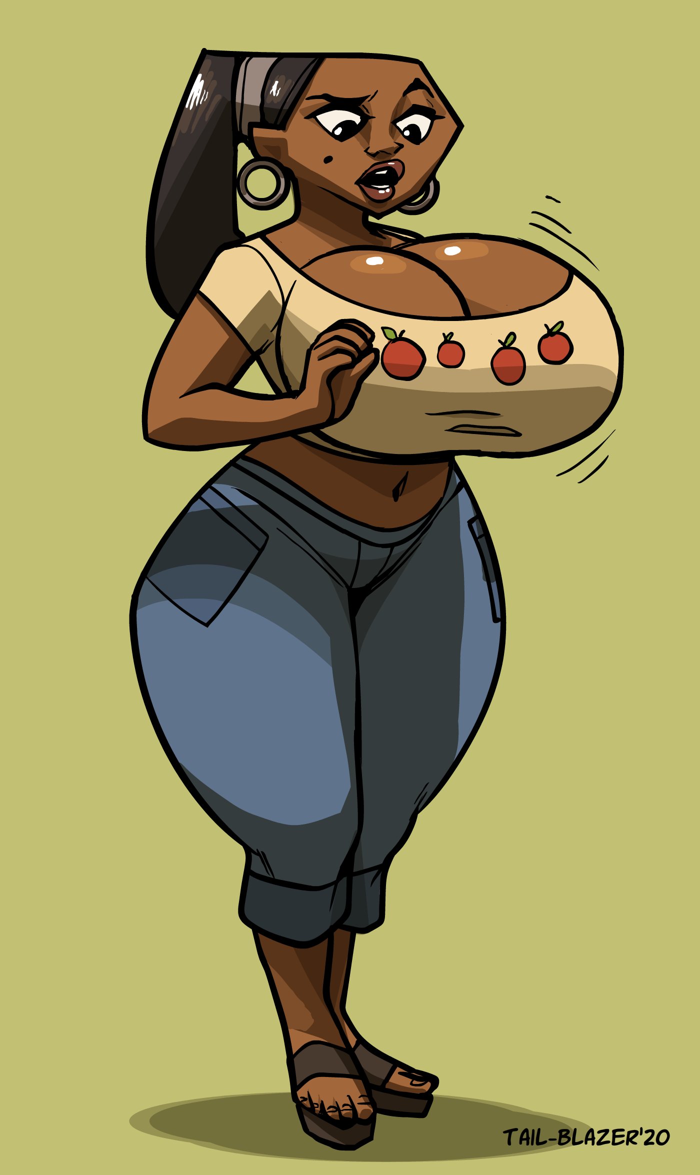 1girls, african female, alternate breast size, big breasts, breasts, cleavage, clothed, curvy, dark skin, dark-skinned female, earrings, female, female only, hoop earrings, hourglass figure, huge breasts, human, large breasts, leshawna (tdi), open toe shoes, short sleeves, solo, tail-blazer, thick thighs, toes, total drama island, wide hips