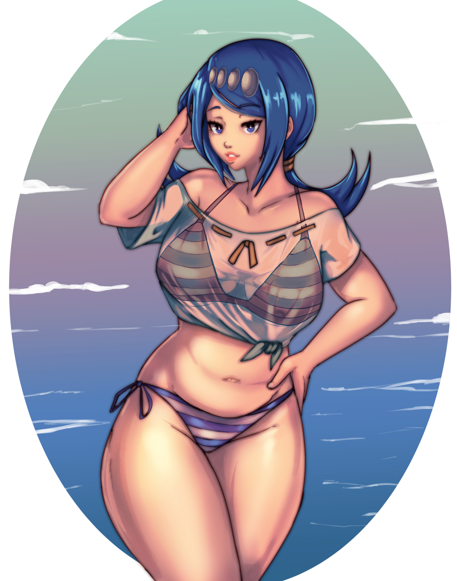 1girls, artist request, belly, belly button, bikini, blue eyes, blue hair, breasts, female, female only, gigantic breasts, hair ornament, hi res, highres, human, lana's mother (pokemon), mature, mature female, milf, mother, navel, nintendo, pokemon, pokemon (anime), pokemon sm, simple background, solo, tied hair, transparent clothing