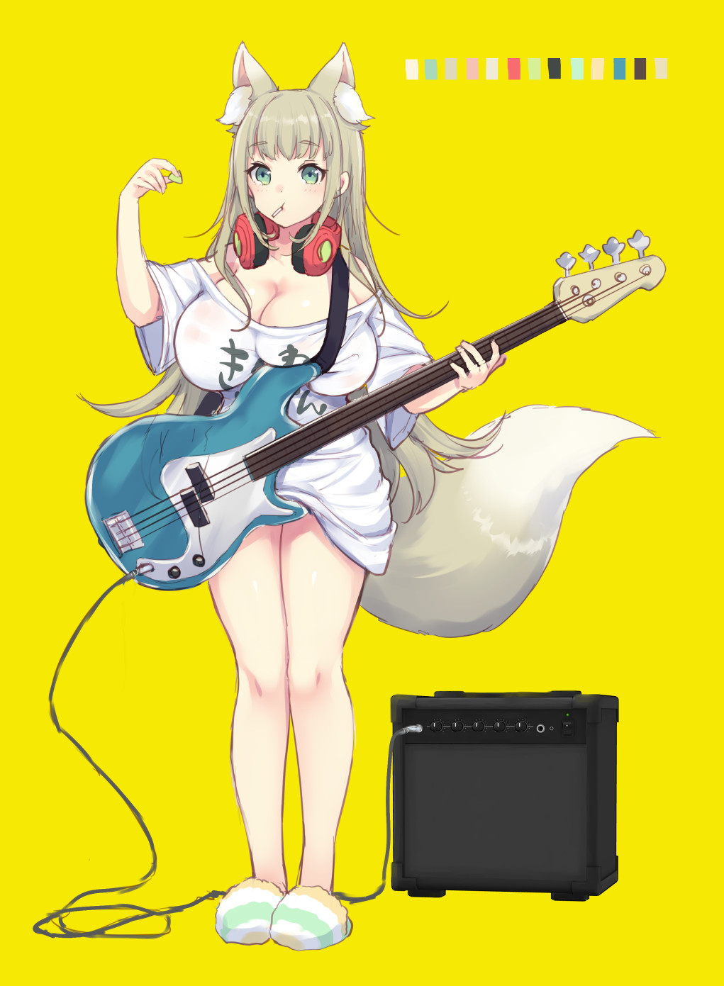 1girls amplifier amplifier_(instrument) animal_ear_fluff animal_ears bangs bass_guitar blush bottomless breasts cleavage clothes_writing color_palette convenient_censoring extra_ears facing_viewer fox_ears fox_tail full_body green_eyes headphones headphones_around_neck highres huge_breasts instrument light-skinned_female light_skin lollipop_in_mouth long_hair looking_at_viewer miyano_ururu naked_shirt no_bra no_panties no_socks off-shoulder_shirt off_shoulder original plectrum shirt simple_background slippers solo t-shirt t-shirt_only tail white_shirt yellow_background