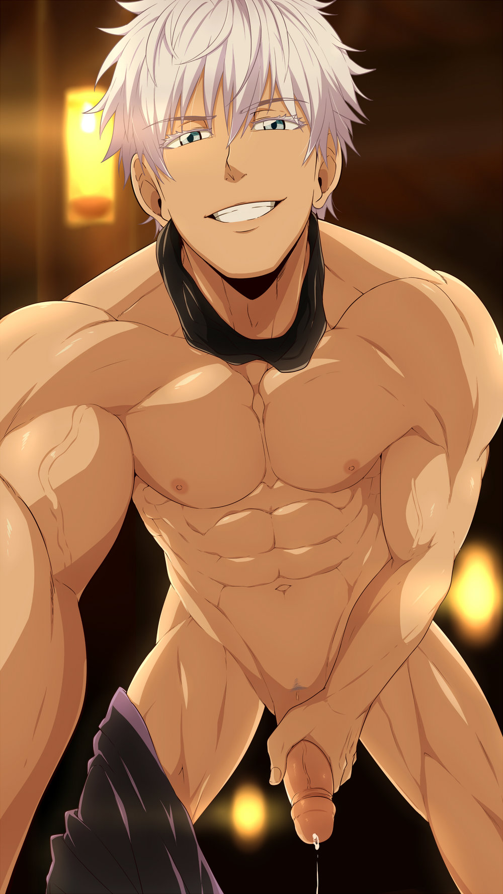 1boy, abs, after sex, cum, cum string, erection, foreskin, foreskin folds, green eyes, holding penis, human, imminent sex, jujutsu kaisen, kuroshinki, looking at viewer, looking down, looking down at viewer, low-angle view, male, male nipples, male only, muscles, muscular, muscular male, nipples, nude, nude male, pecs, penis, pov eye contact, precum, precum drip, retracted foreskin, satoru gojo, smile, smiling, smiling at viewer, smooth skin, smooth skinned male, solo, taker pov, trimmed pubic hair, uncircumcised, uncut, veiny penis, white hair
