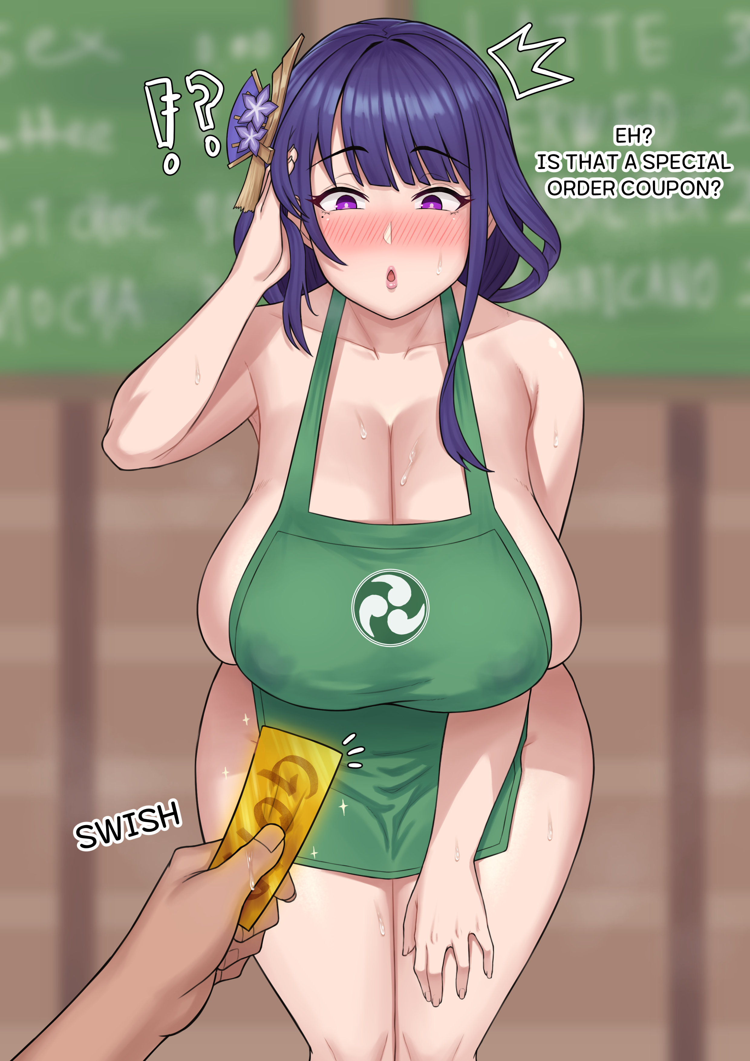 1boy, apron, breasts, female, genshin impact, iced latte with breast milk, male, meme, raiden shogun, tagme, zb (xucz8527)