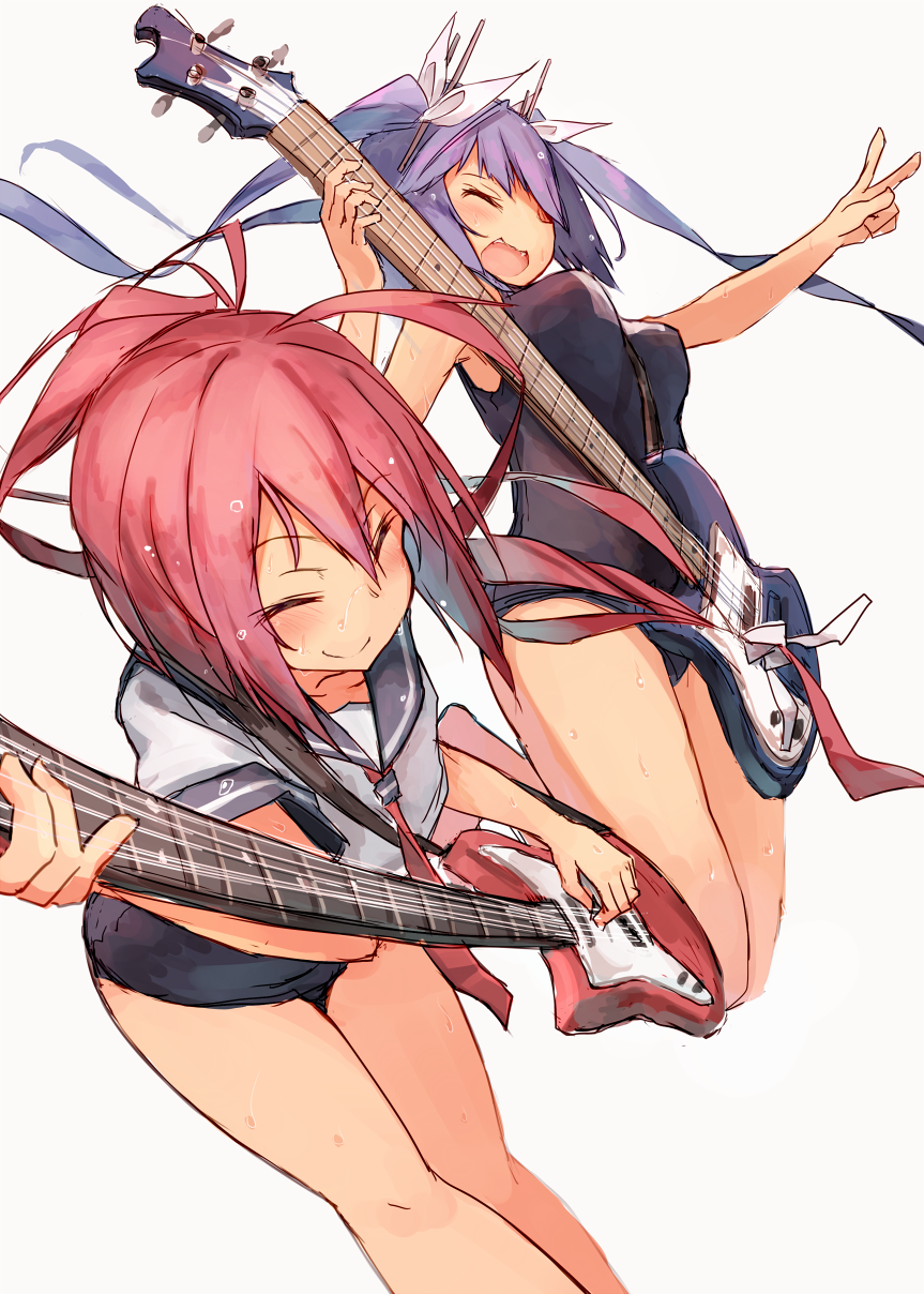 2girls :d ahoge bass_guitar beize_(garbage) blush closed_eyes guitar hair_ribbon highres i-168_(kantai_collection) i-19_(kantai_collection) instrument kantai_collection long_hair multiple_girls old_school_swimsuit one-piece_swimsuit open_mouth ponytail purple_hair red_hair ribbon school_swimsuit school_uniform serafuku simple_background smile swimsuit swimsuit_under_clothes tri_tails v wet white_background