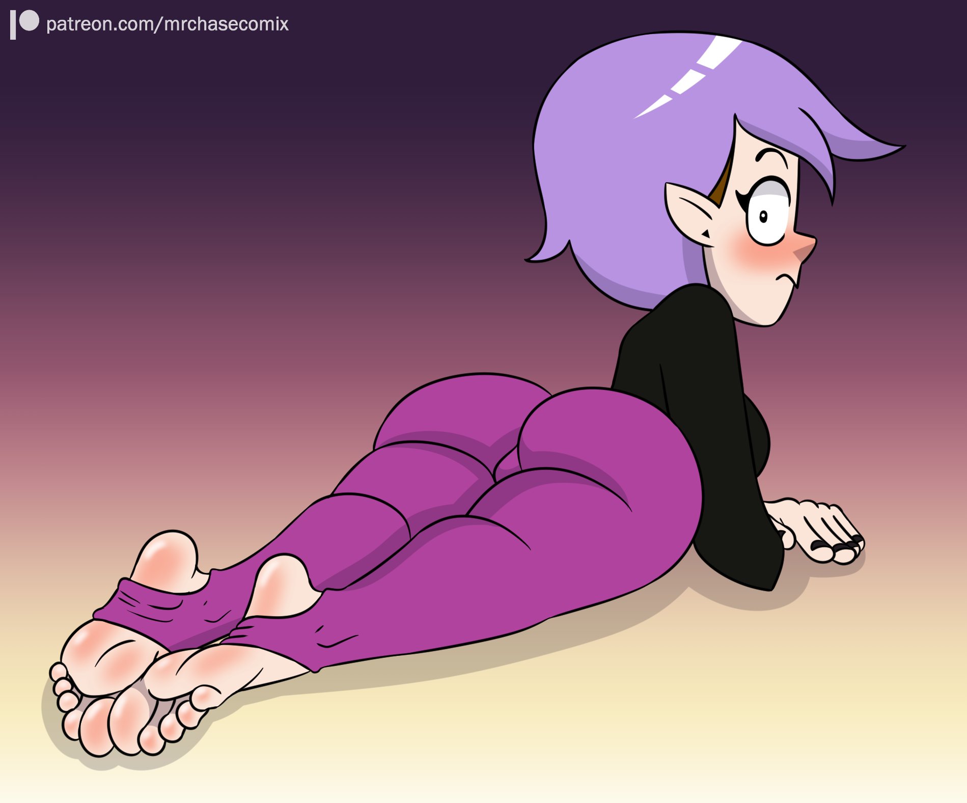 1girls, amity blight, ass, blush, blushing, disney, disney channel, disney xd, feet, female, female focus, female only, foot fetish, fully clothed, humanoid pointy ears, laying down, laying on stomach, looking at viewer, mr. chase comix, nervous, no watermark, pointy ears, purple hair, short hair, short purple hair, sitting, the owl house