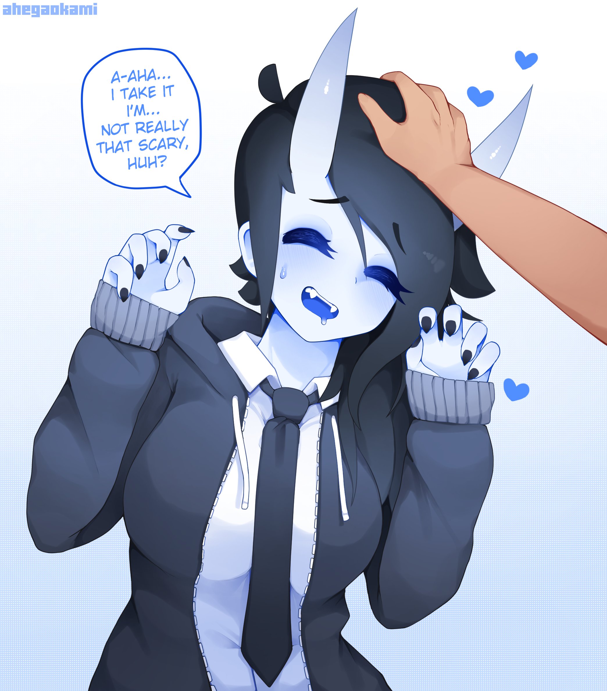 1boy, 1girls, ahegaokami, black hair, black nails, blush, closed eyes, clothing, cute, dialogue, drool, english text, fangs, female, head pat, heart, hi res, hoodie, male, necktie, oni, oni horns, open mouth, original, pose, pov, solo, solo female, speech bubble, spooky (ahegaokami), white skin, wholesome