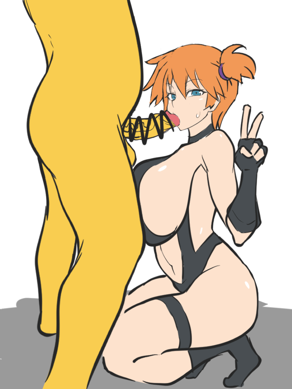 1boy, 1girls, adapted costume, alternate breast size, armpits, asymmetrical hair, bar censor, bare legs, blush, breasts, censored, cowboy shot, creatures (company), dd (artist), dd41023237, female, game freak, gen 1 pokemon, gloves, green eyes, groping, gym leader, highres, huge breasts, hypno, kasumi (pokemon), large breasts, legs, male, navel, nintendo, one-piece swimsuit, open mouth, oral, oral sex, orange hair, penis, pokemon, pokemon (game), pokemon (manga), pokemon (species), pokephilia, ponytail, short hair, side ponytail, simple background, spread legs, swimsuit, the electric tale of pikachu, thick thighs, thighs, tied hair, ugly bastard, v, wet, white background, wide hips