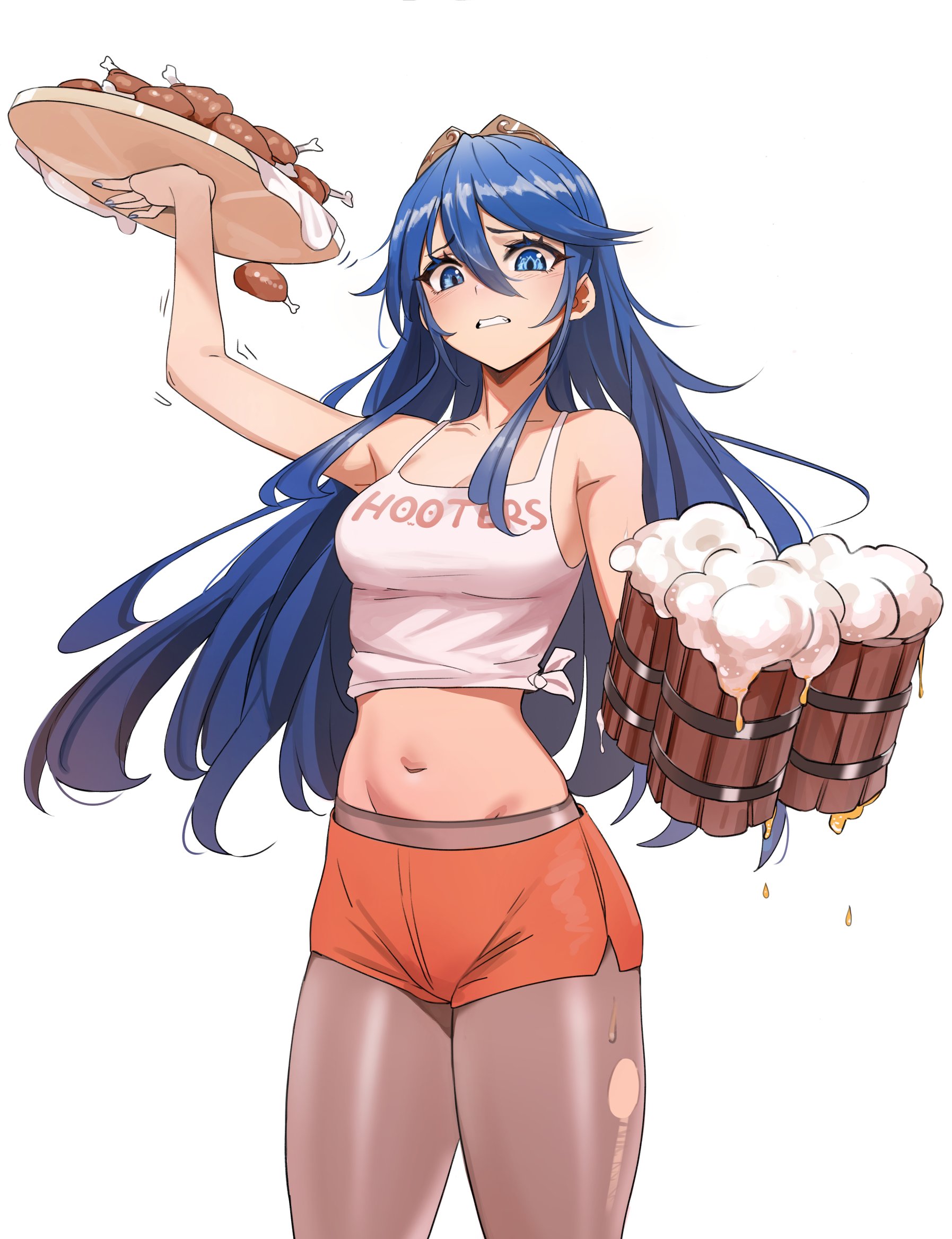 1girls, alcohol, alternate costume, bangs, beer, beer mug, black legwear, blue eyes, blue hair, blush, breasts, chicken (food), cleavage, clothed, cup, embarrassed, employee uniform, female, fire emblem, fire emblem awakening, food, hair between eyes, highres, holding, holding plate, hooters, kiritzugu, long hair, looking at viewer, lucina (fire emblem), meat, mug, navel, nintendo, orange shorts, pantyhose, plate, short shorts, shorts, small breasts, solo, stomach, sweat, tank top, tiara, tied shirt, torn clothes, torn legwear, uniform, waitress, waitress uniform