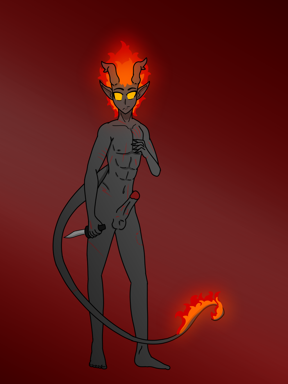 1boy dick dnd dungeons_and_dragons dungeons_and_dragons_character fire fire_genasi fire_hair fire_tail genasi grey_body grey_skin marks oc original_character red_markings tail yellow_eyes