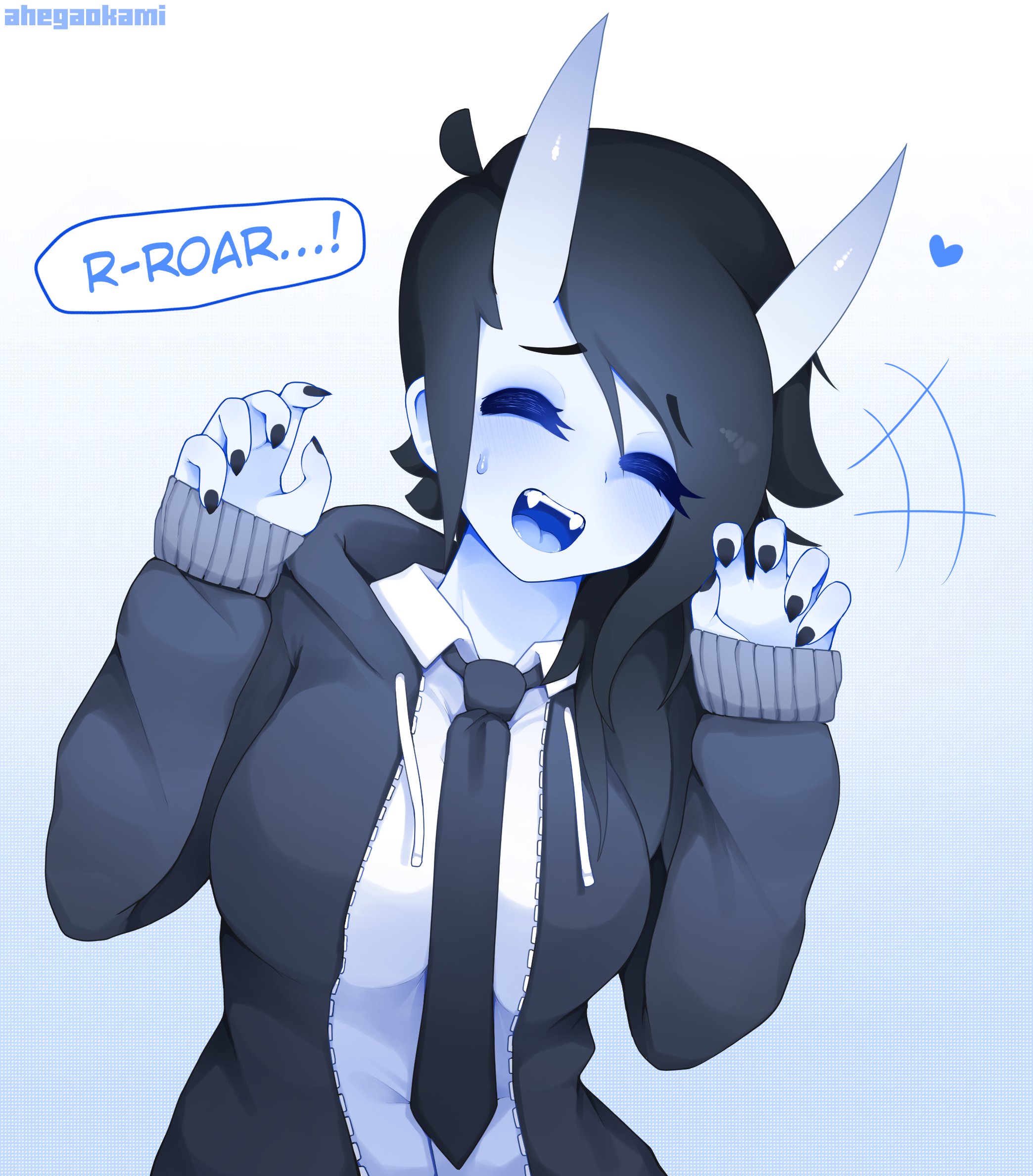 1girls, ahegaokami, black hair, black nails, blush, closed eyes, clothing, dialogue, english text, fangs, female, female only, heart, hi res, hoodie, necktie, oni, oni horns, open mouth, original, pose, roaring, solo, solo female, speech bubble, spooky (ahegaokami), white skin, wholesome