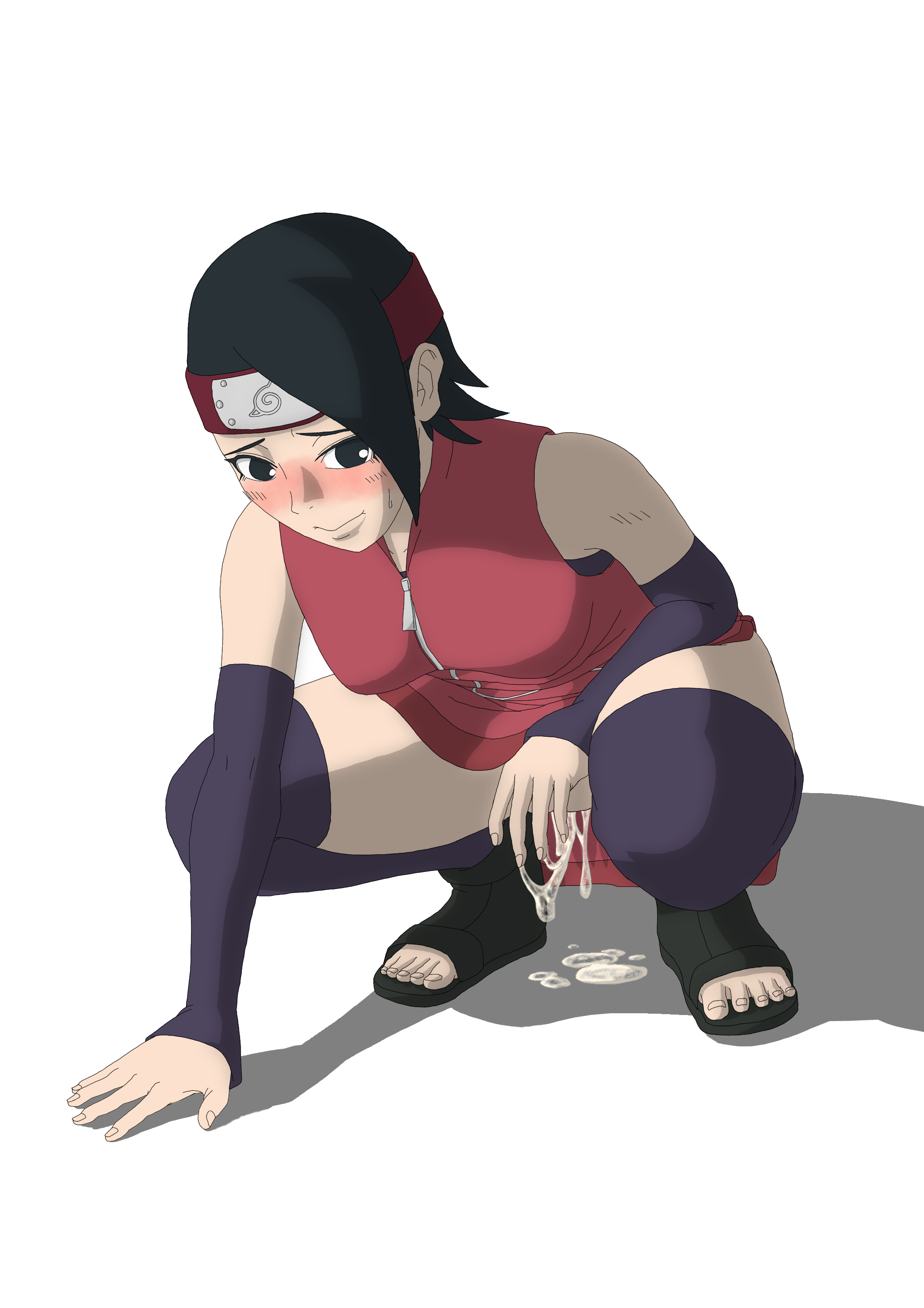 1girls, after sex, after vaginal, arm warmers, armwear, bare shoulders, black eyes, black hair, blush, boruto: naruto next generations, bottomless, clothed female, clothing, clothing lift, cum puddle, cumdrip, dress, dress lift, dripping, dripping cum, embarrassed, female, female only, legwear, maaji merge, naruto, naruto (series), no pants, open toe shoes, partially clothed, pussy, sandals, sarada uchiha, sleeveless dress, solo, solo focus, source request, squatting, stirrup legwear, sweat, sweatdrop, thighhighs