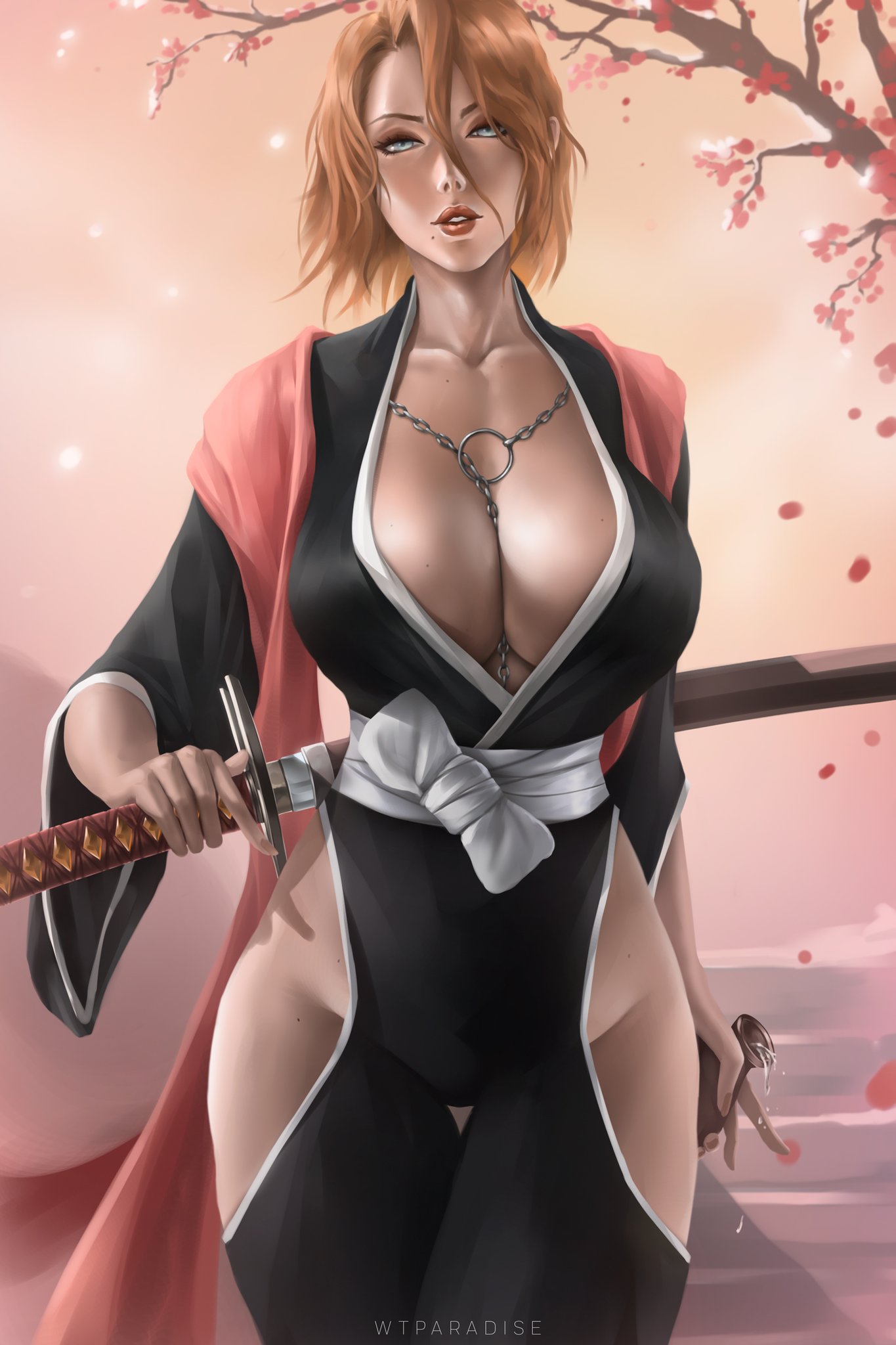 alternate_hairstyle big_breasts bleach blue_eyes blush bottle breasts center_opening chain_necklace chains cherry_blossoms cleavage curvaceous curvy_body curvy_female curvy_figure drunk female female_only front_view fully_clothed hair_between_eyes holding_object holding_sword holding_weapon hourglass_figure huge_breasts katana kimono large_breasts lipstick long_hair looking_at_viewer makeup matsumoto_rangiku mole mole_under_mouth necklace neckwear no_underwear obi orange_hair outdoors parted_lips pelvic_curtain pendant petals revealing_clothes robe sake sake_bottle sash scarf shinigami shiny shiny_hair shiny_skin shoulder_length_hair skindentation solo solo_focus sunset sword tree voluptuous walking walking_towards_viewer we1cometoparadiseart weapon welcometoparadise wtparadise